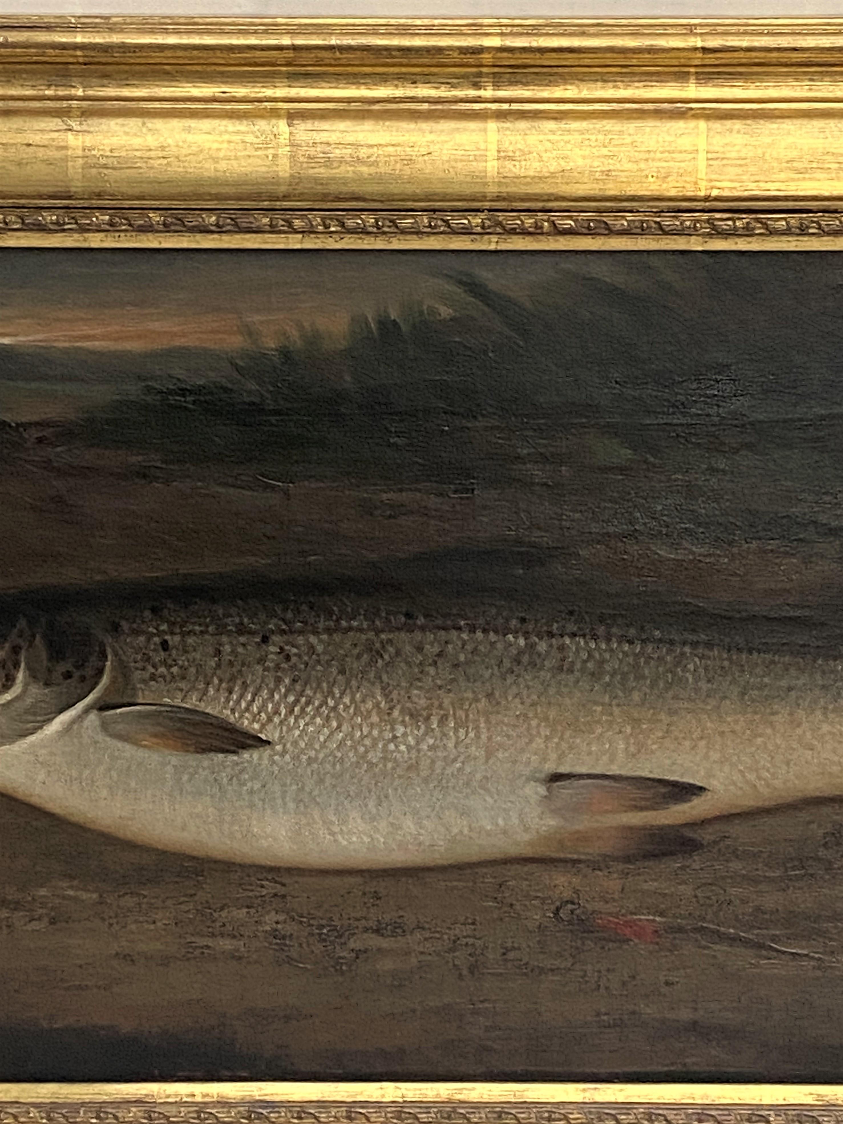 John Miles, American, Atlantic Salmon on a Riverbank, oil on canvas, dated 1885 - Painting by John Christopher Miles