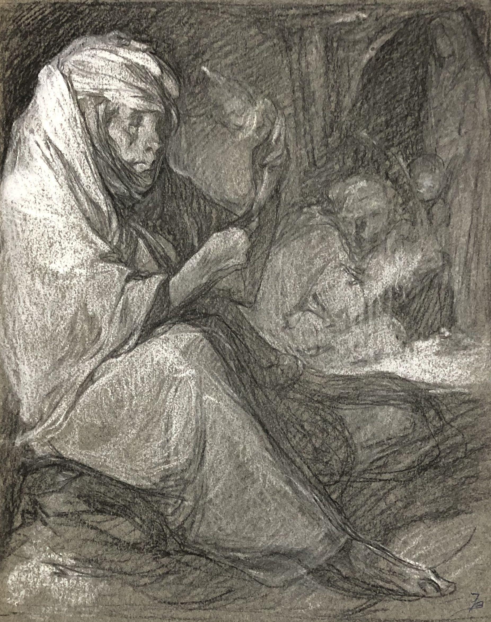 VAN BIESBROECK Jules. Arab women working. Pastel on grey paper.