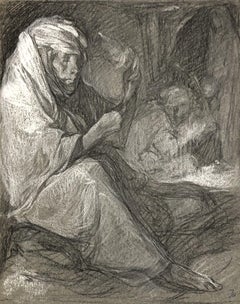 Vintage VAN BIESBROECK Jules. Arab women working. Pastel on grey paper.