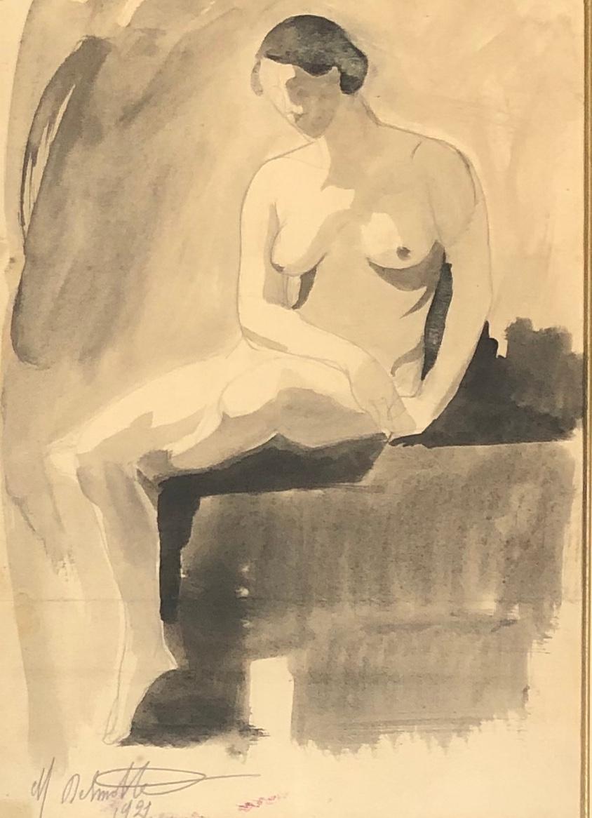 DELMOTTE MARCEL Nude - DELMOTTE Marcel. Seated nude. Washed ink drawing. 