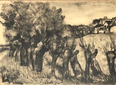 Floris Jespers. Paysage. Dessin au fusain. Signé.