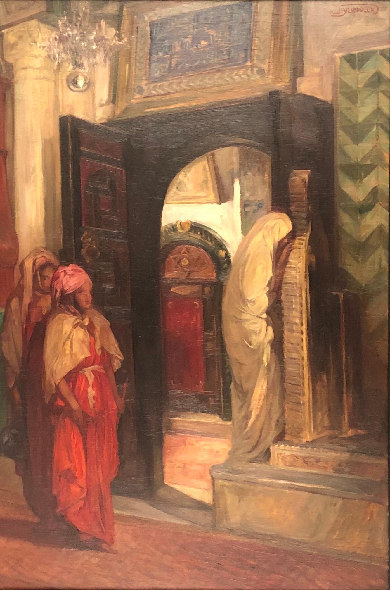 Jules Pierre van Biesbroeck Figurative Painting - VAN BIESBROECK Jules. Algerian women in an interior. Oil on panel. Signed. 