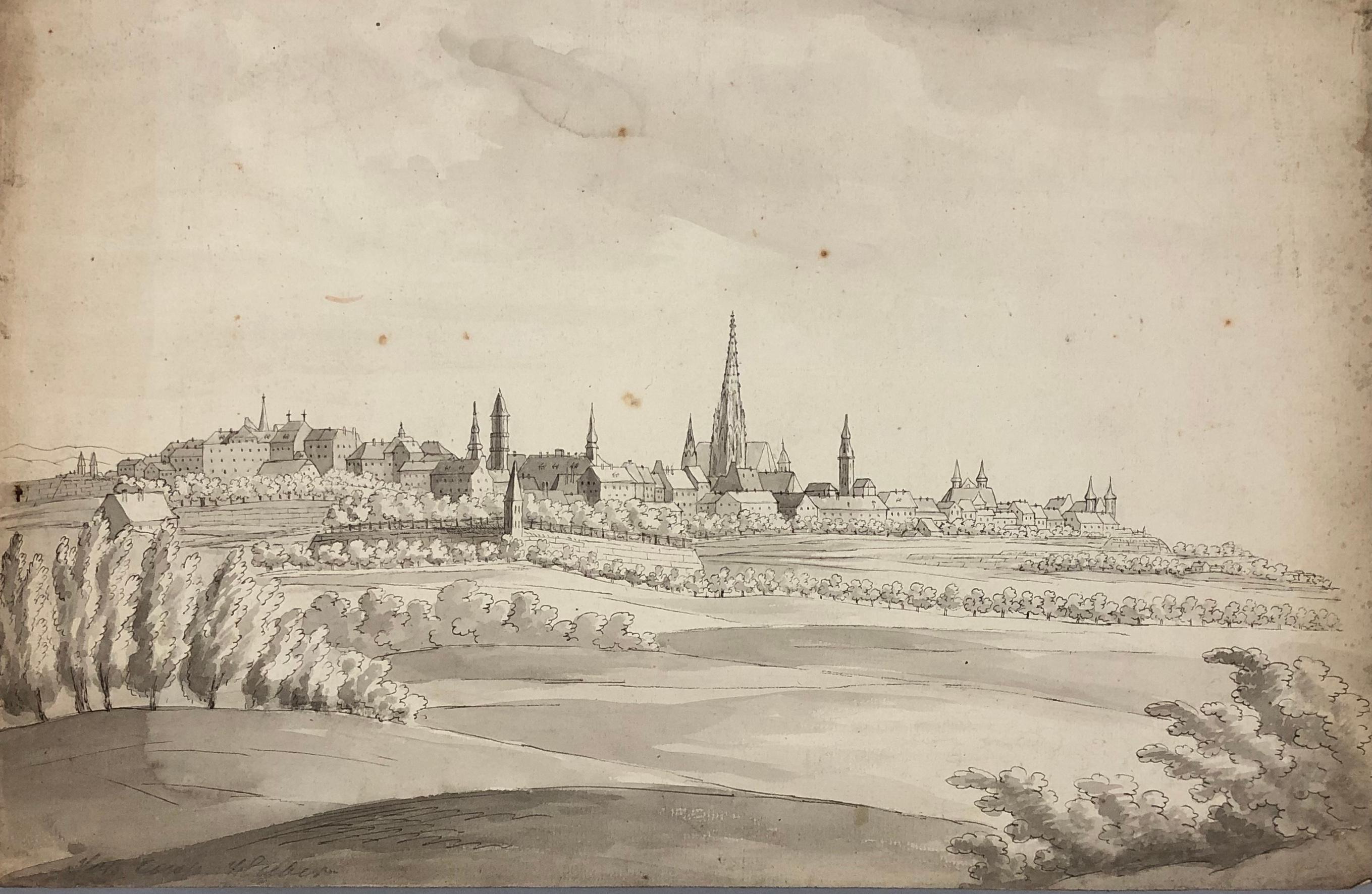 HUBER JOHANN KASPAR Landscape Art - HUBER Johann Kaspar. View of a city thought to be Antwerp. Wasked ink. 