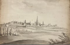 HUBER JOHANN KASPAR. Vista de una ciudad que se cree que es Amberes. Tinta lavada.