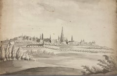 Johann Kaspar, HUBER Johann Kaspar. Vue d'une ville que l'on pense être d'Anvers. Encre lavée à l'encre. 