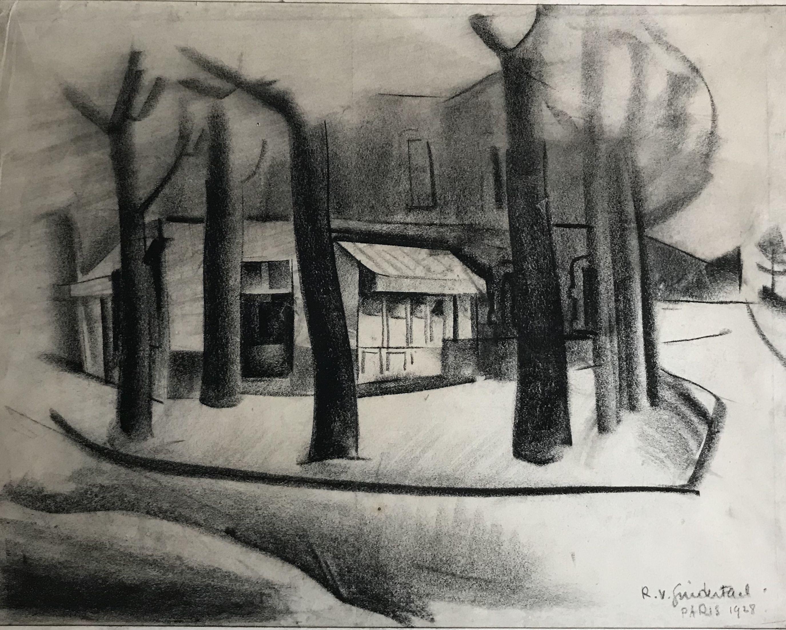Roger VAN GINDERTAEL. Paris street view. Charcoal drawing. Signed / dated 1928.