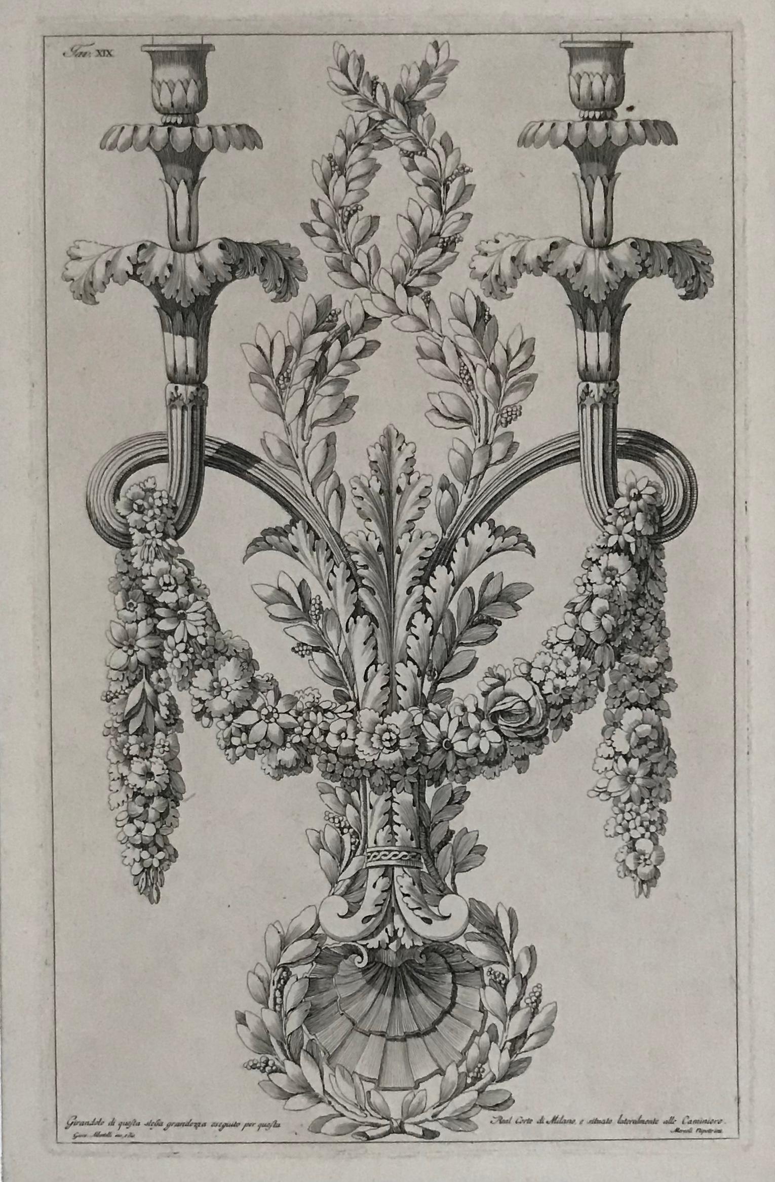 Albertolli Giacondo Interior Print - Chandelier designs. A pair of engravings