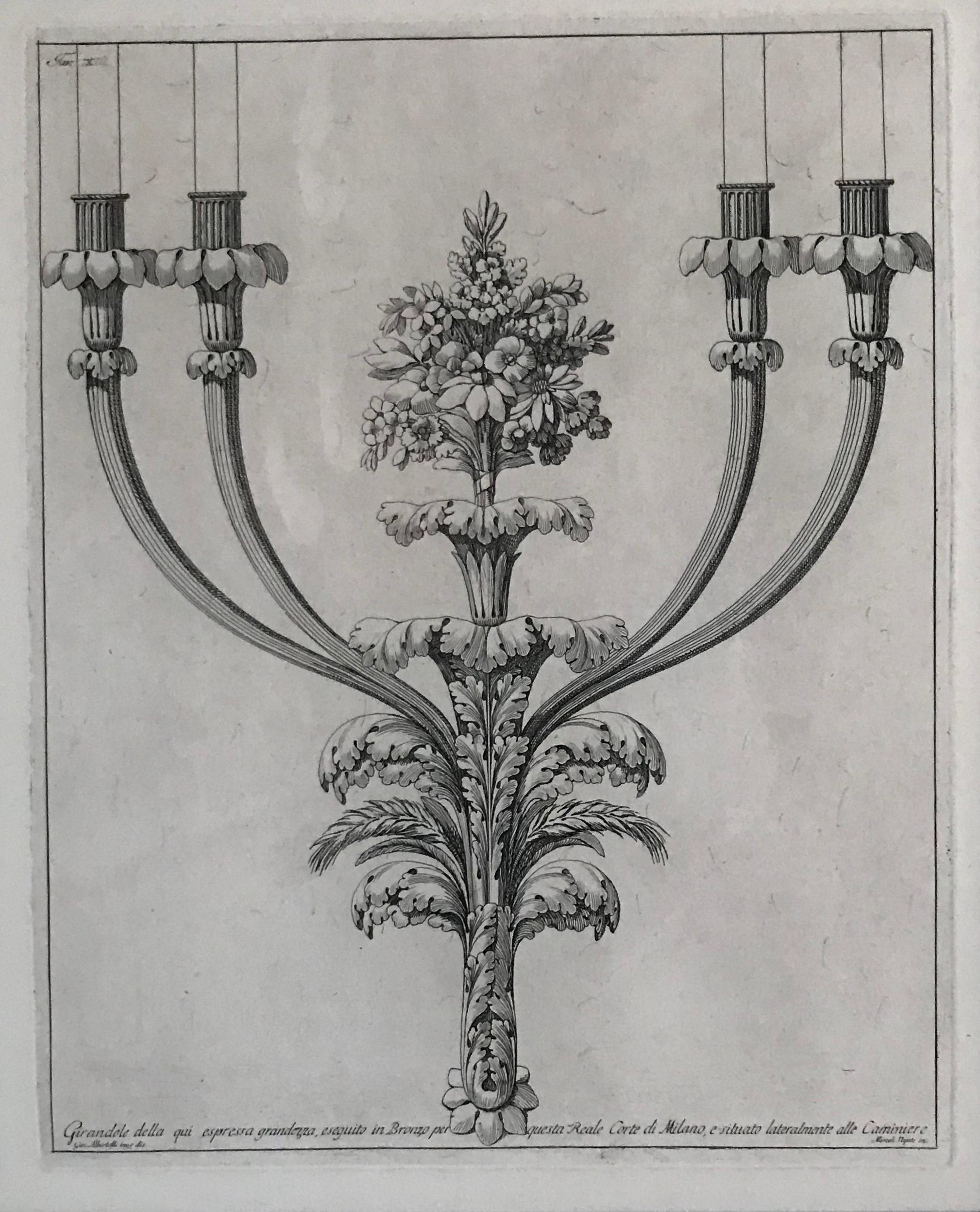 Designs für Kronleuchter. Ein Paar Gravuren (Grau), Interior Print, von Albertolli Giacondo