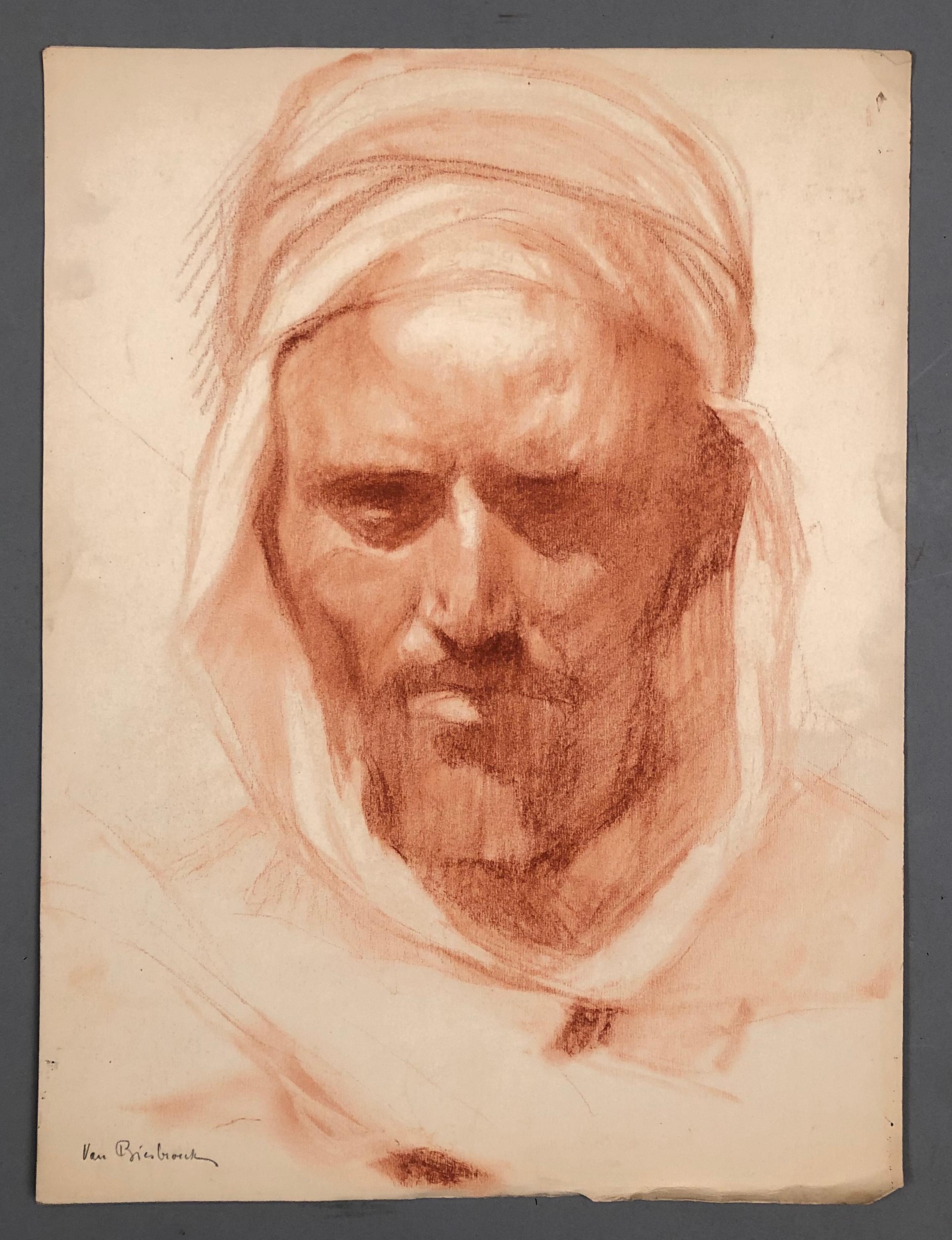 Jules Pierre van Biesbroeck Portrait – Ein arabischer Araber. Rote Pastellfarben.