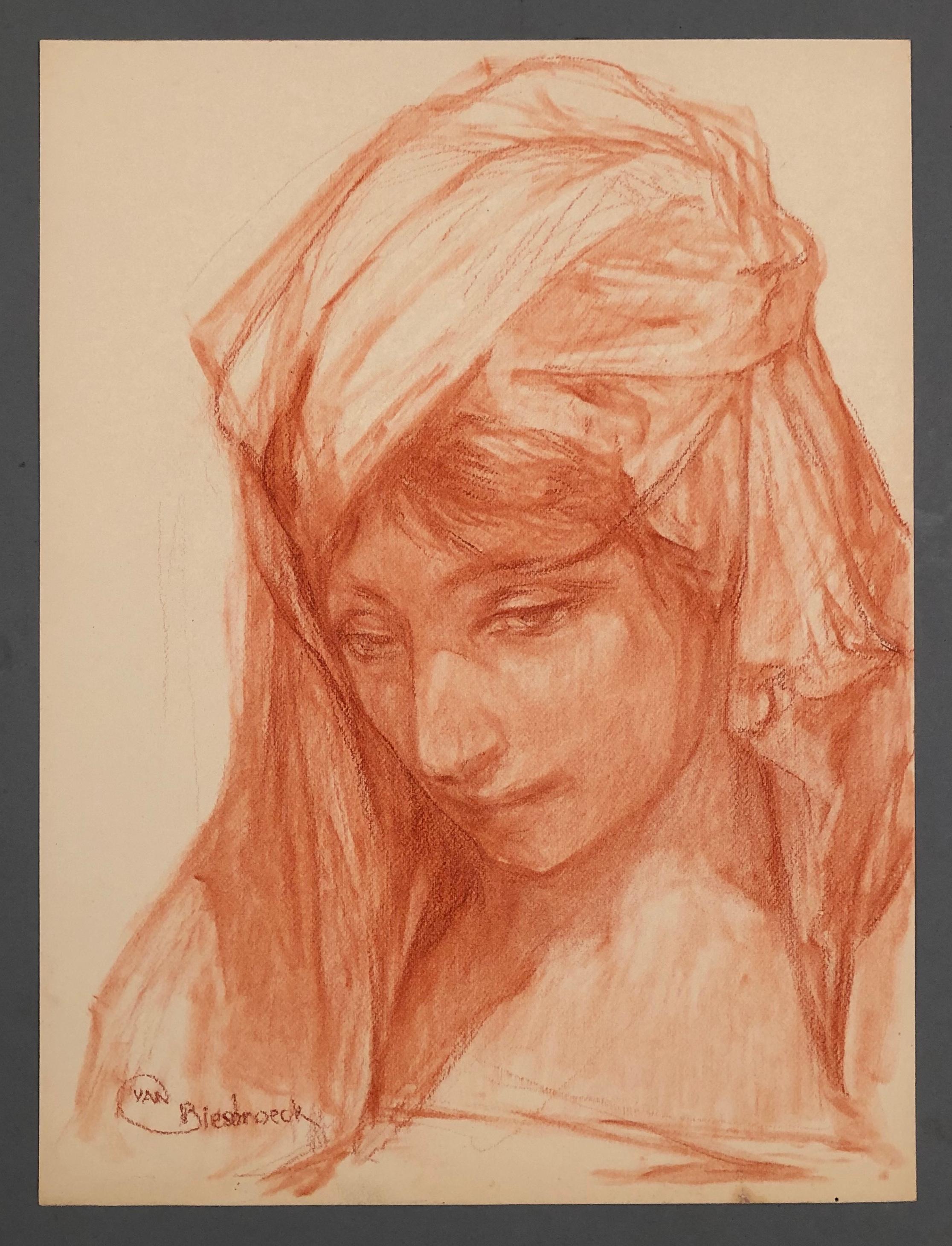 Jules Pierre van Biesbroeck Portrait – Die Darstellung einer arabischen Frau. Rote Pastellfarben. Unterschrieben.