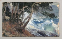 Vintage View of a rough Mediterranean sea. Oil sketch. 