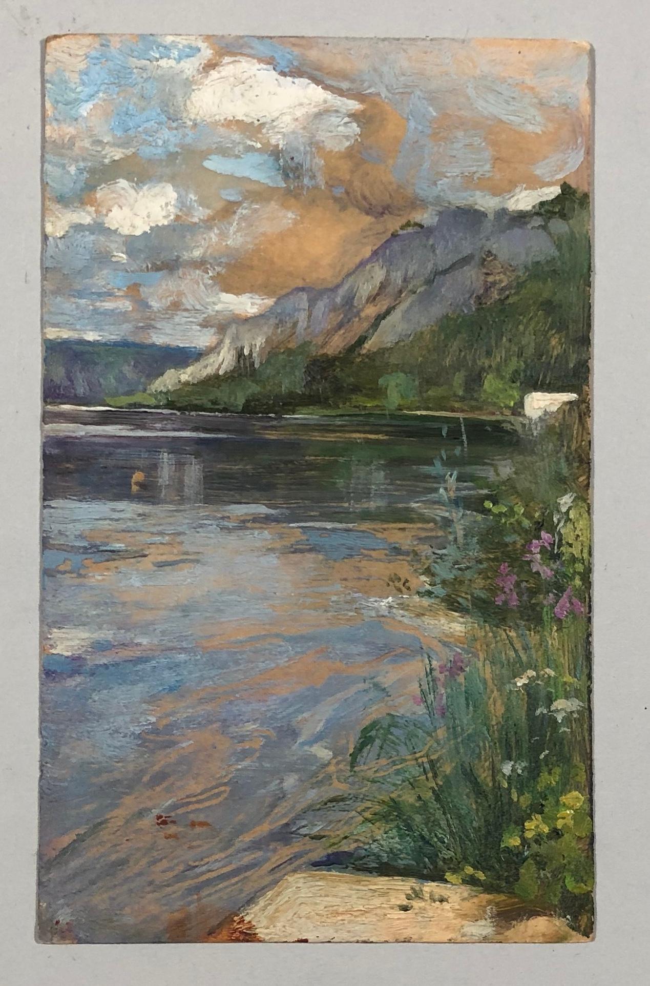 Jules Pierre van Biesbroeck Landscape Painting - Lake view. Oil sketch oin acrdboard.