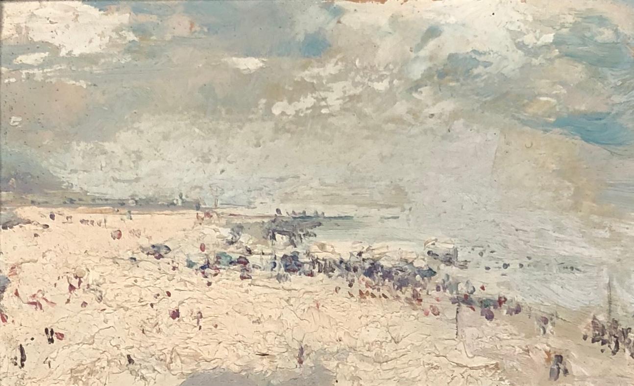Jules Pierre van Biesbroeck Landscape Painting - View of Ostend. Oil sketch on cardboard. Signed and titled.