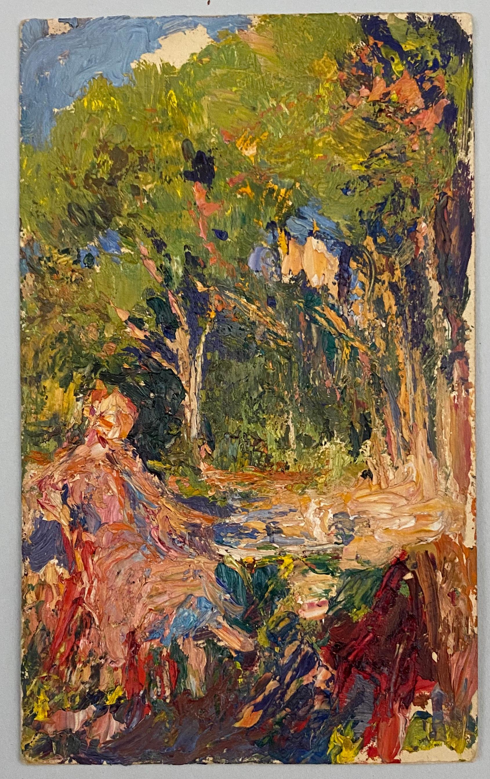 VAN BIESBROECK Jules. Woman in a garden. Oil sketch on cardboard.