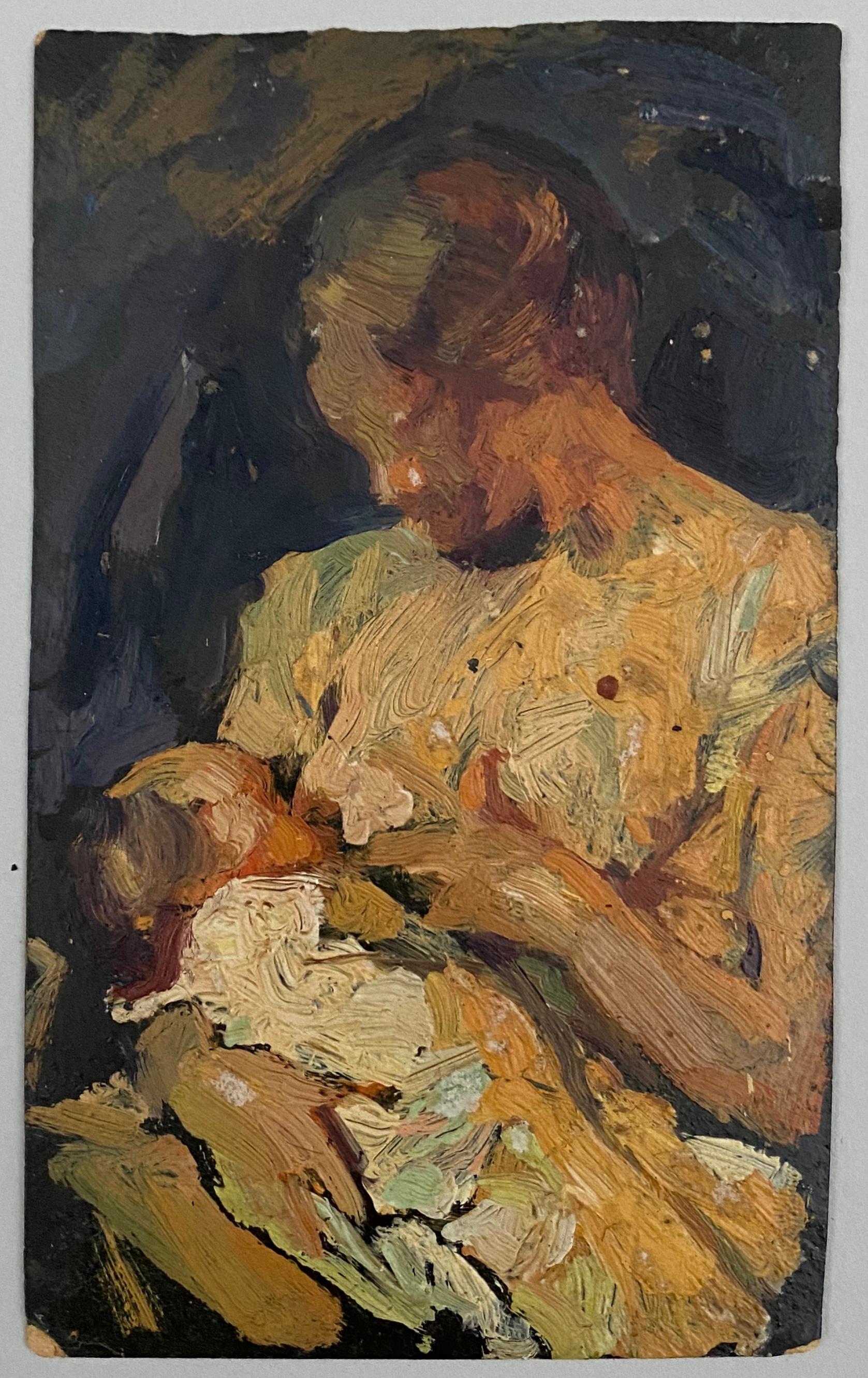 VAN BIESBROECK Jules. Woman and child. Oil sketch on cardboard.