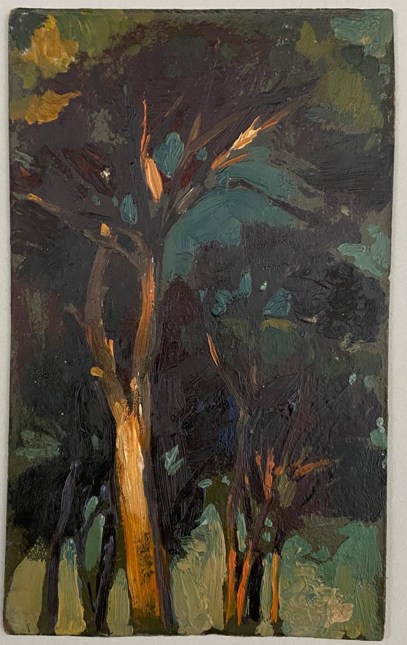 Jules Pierre van Biesbroeck Landscape Painting - VAN BIESBROECK Jules Study of trees at  night. Oil sketch on cardboard. 