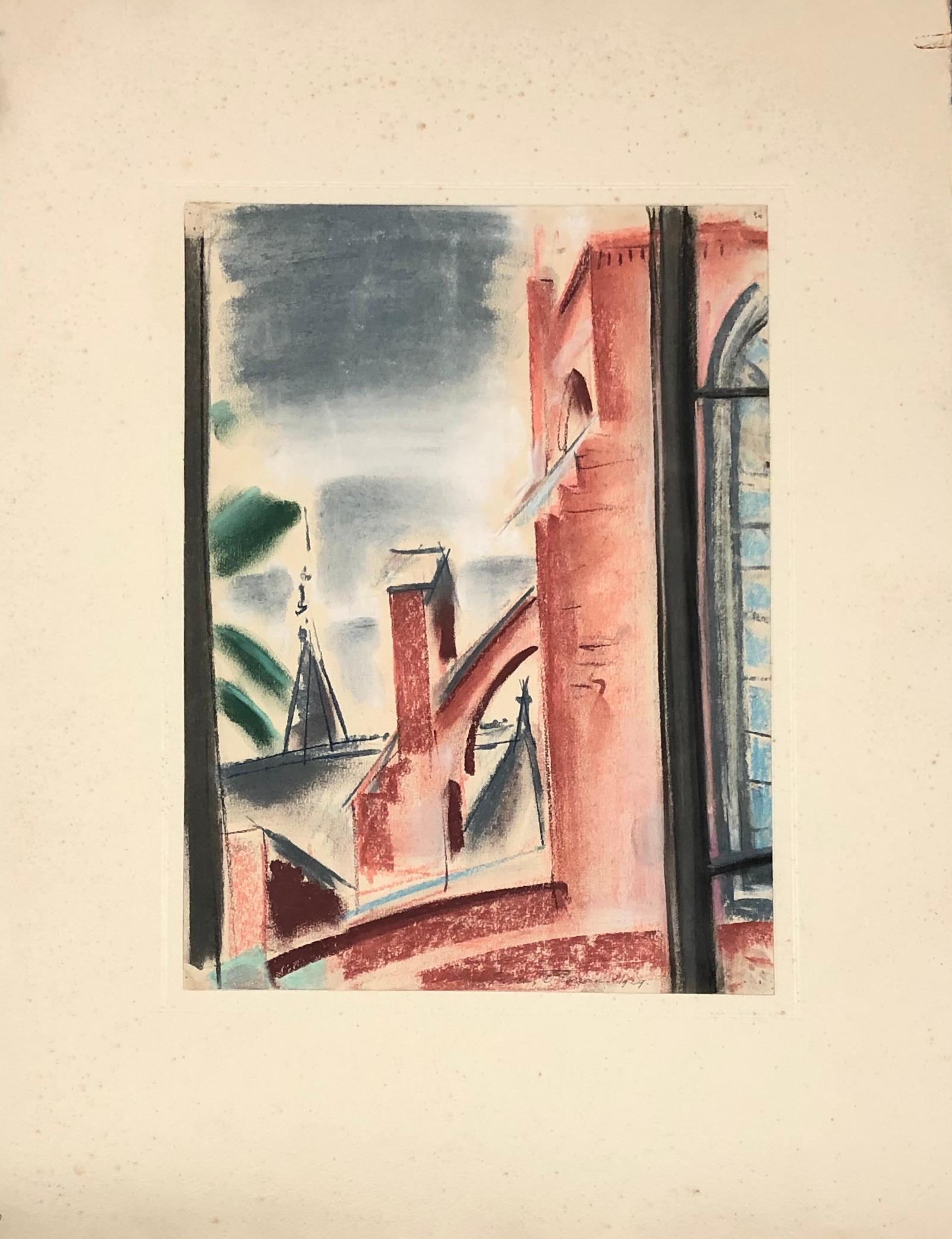 CLAES-THOBOIS Albert. Roof view. Pastel. Signed and dated 1929. - Cubist Art by Albert Claes-Thobois