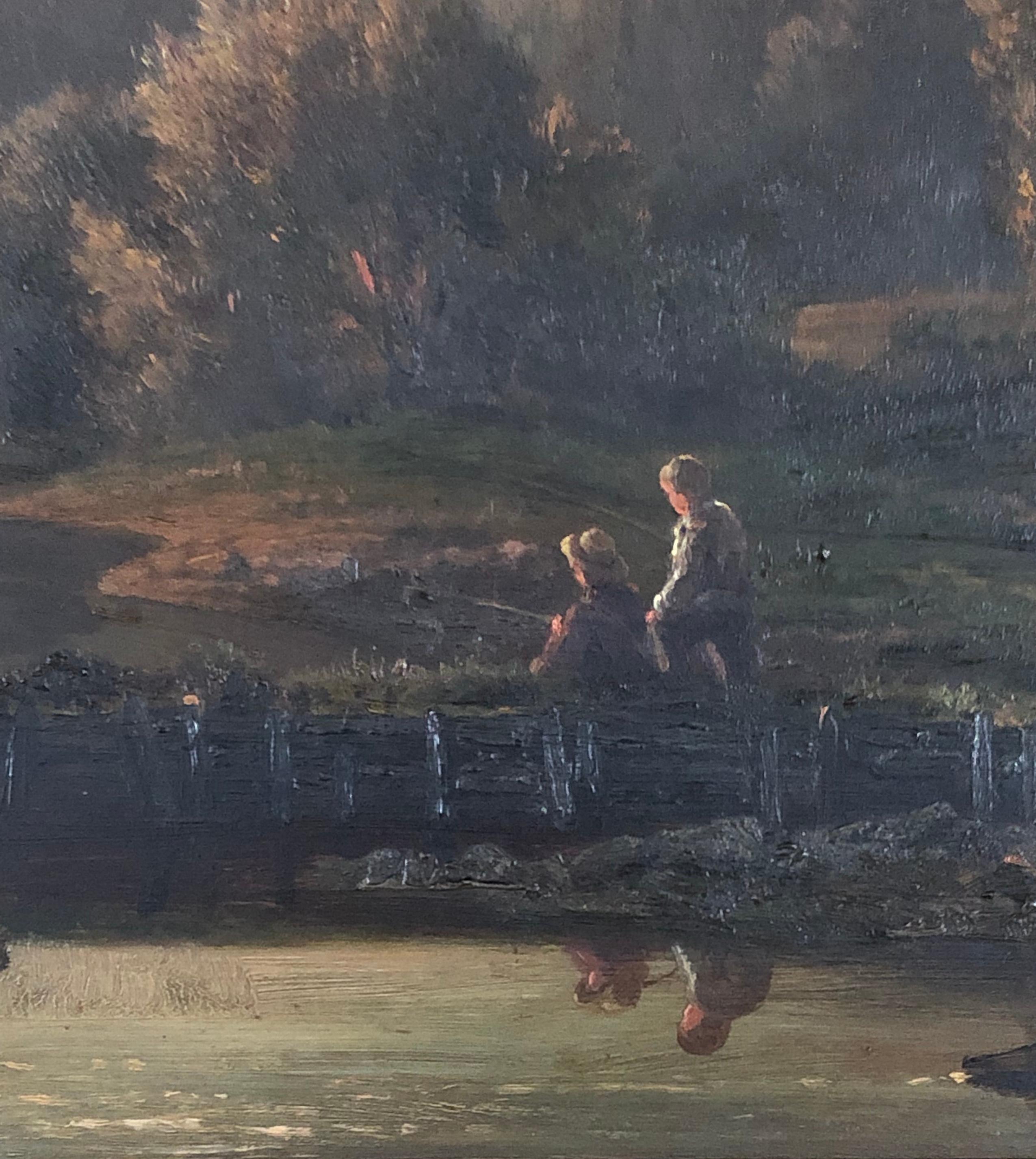 DERICKX Louis. Les enfants pêchent dans un paysage. Huile sur panneau.  - Réalisme Painting par DERICKX LOUIS