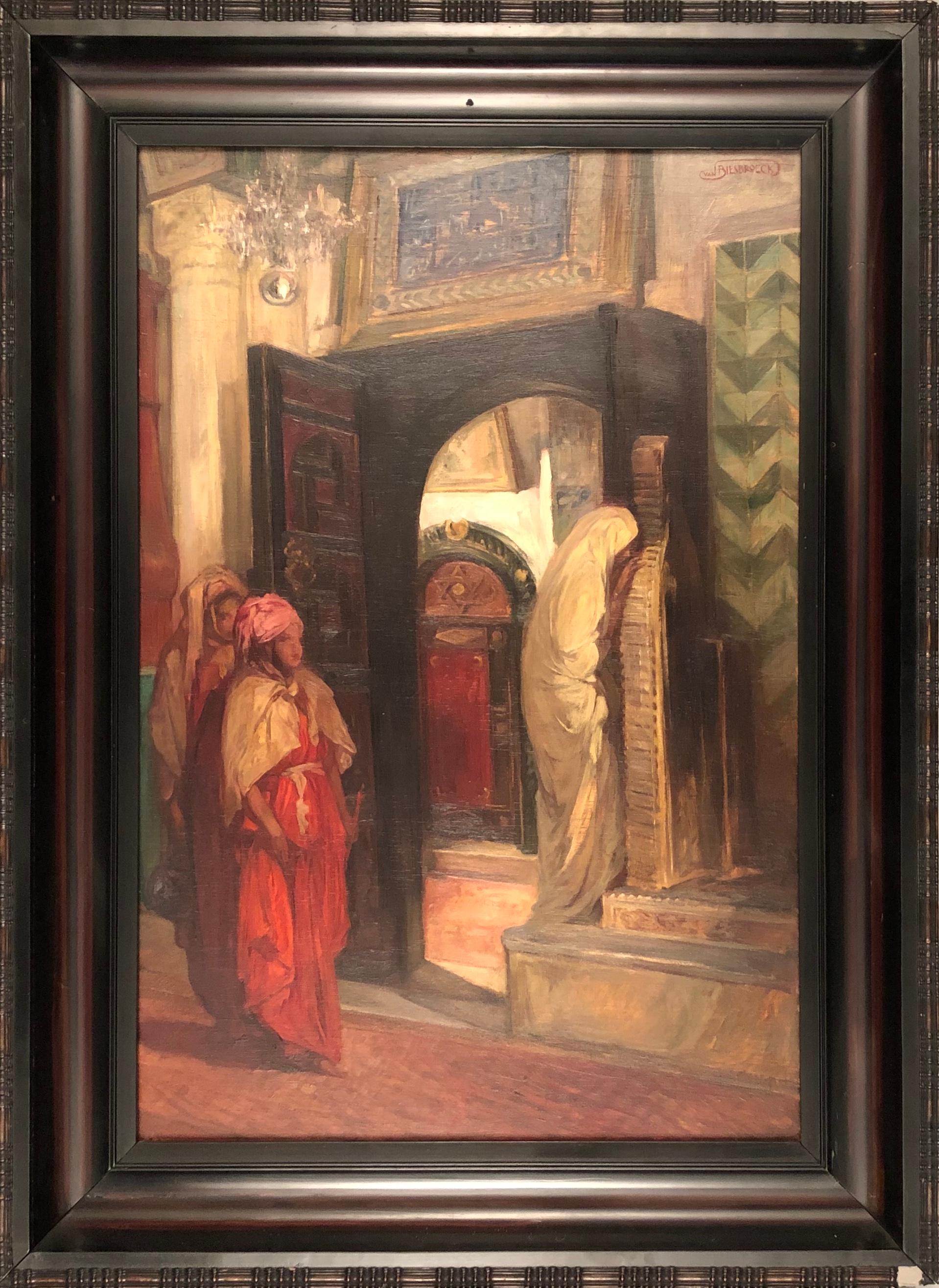 VAN BIESBROECK Jules Femmes algeriennes dans un intérieur. Huile sur panneau. Signé.  - Painting de Jules Pierre van Biesbroeck