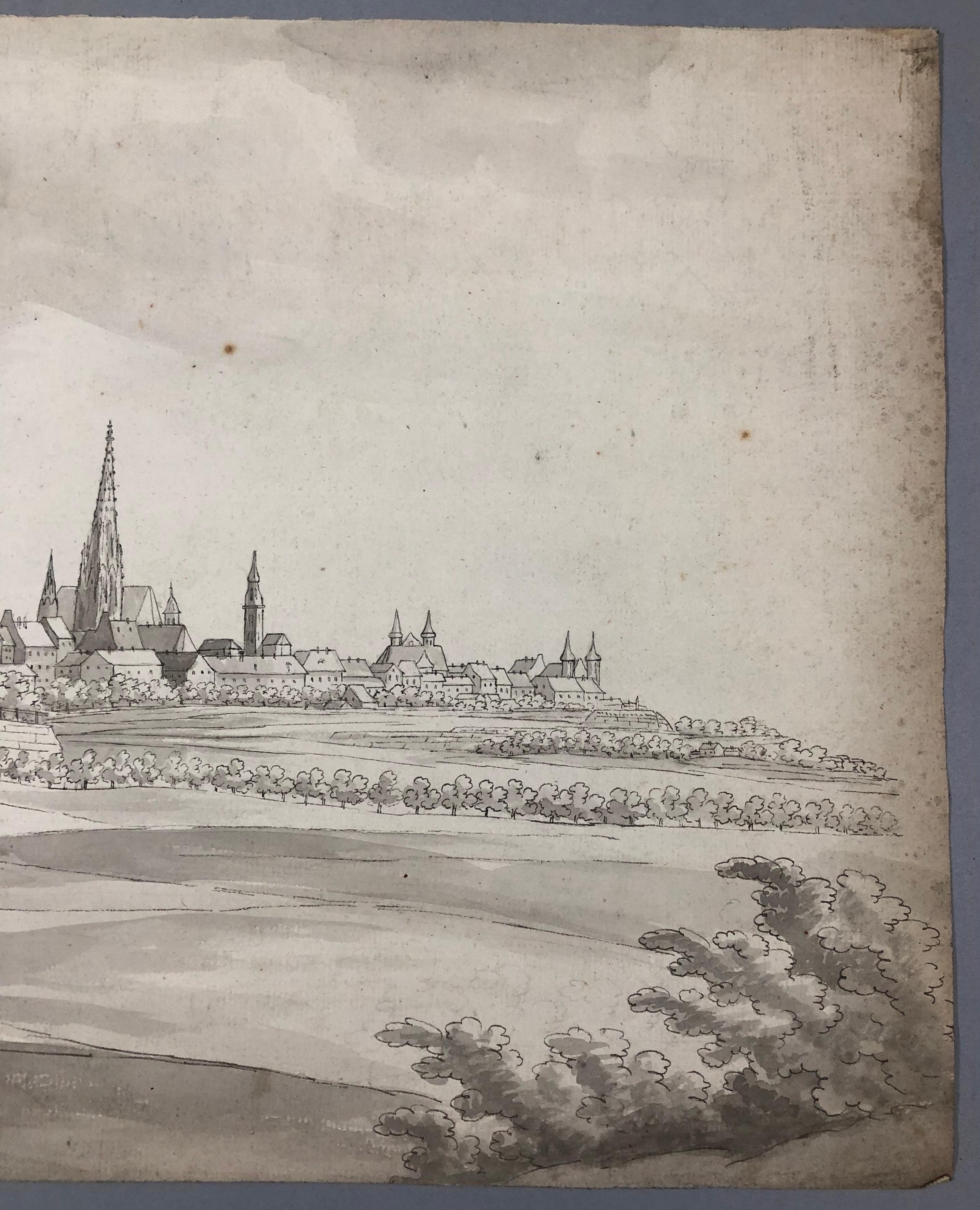 HUBER Johann Kaspar. View of a city thought to be Antwerp. Wasked ink.  For Sale 1