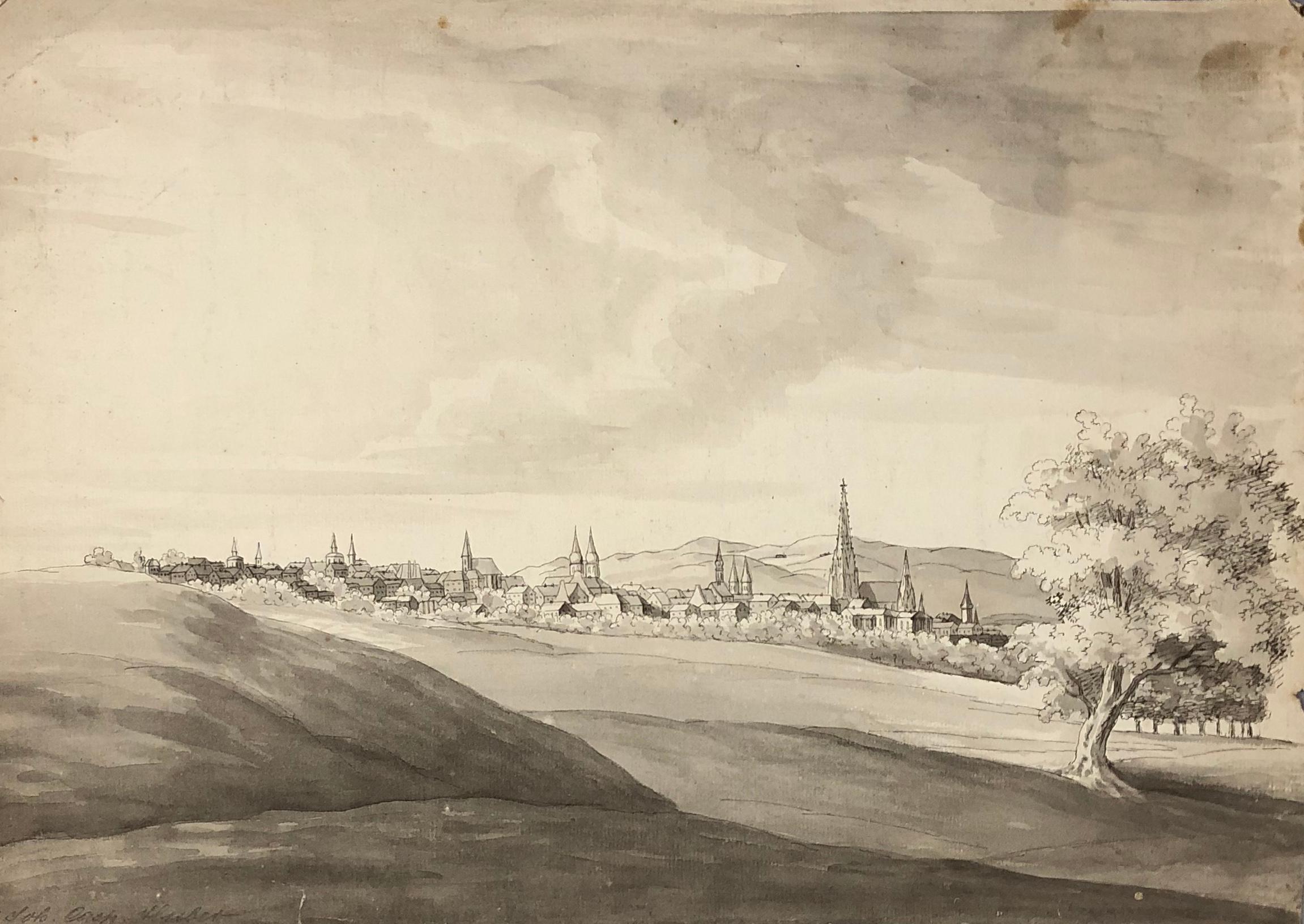 HUBER JOHANN KASPAR Landscape Art – HUBER Johann Kaspar. Ansicht einer Stadt, von der man annimmt, Antwerpen zu sein. Geschwärzte Tinte. 