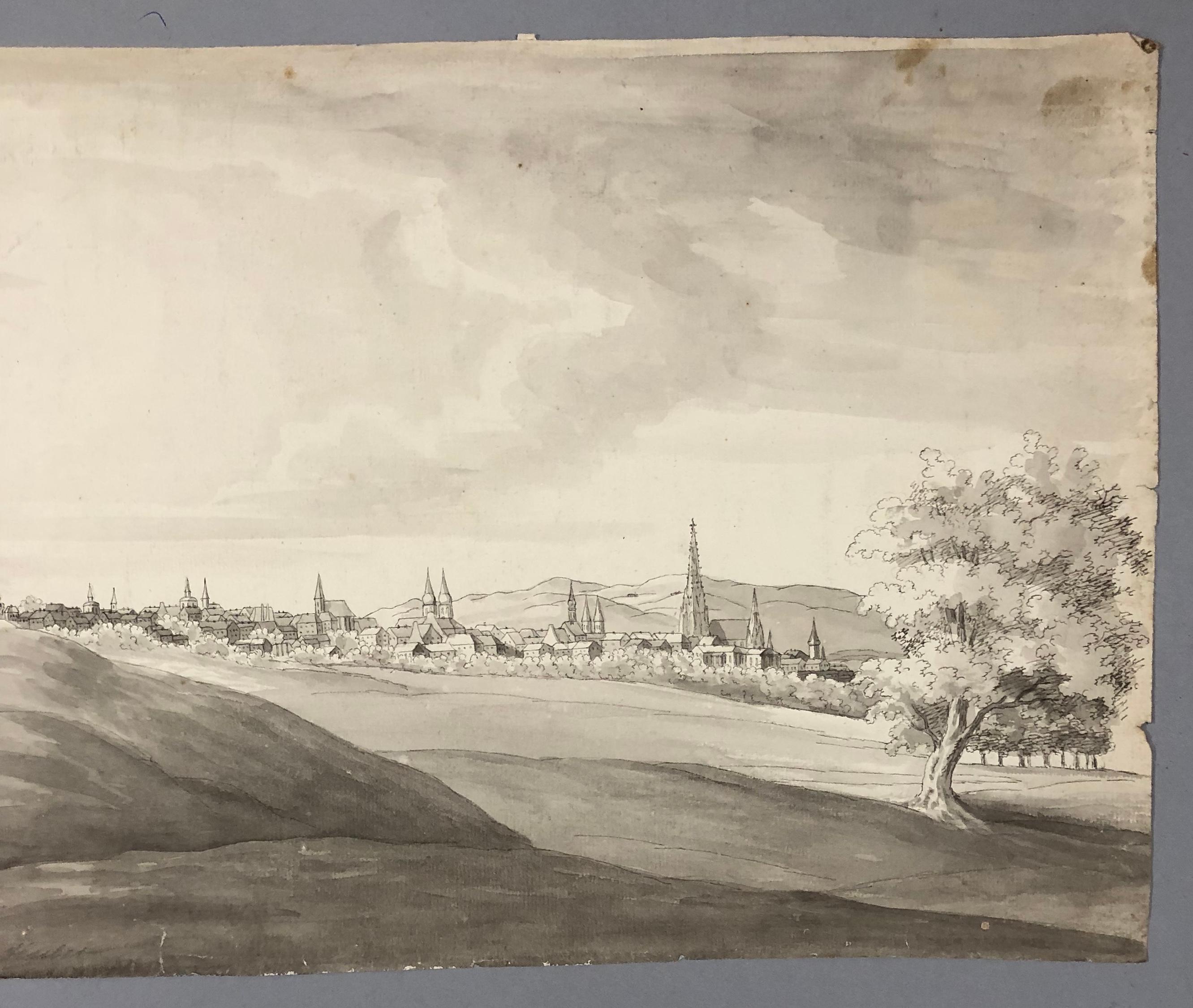 HUBER Johann Kaspar. Ansicht einer Stadt, bei der es sich vermutlich um Antwerpen handelt. Gewaschene Tinte. – Art von HUBER JOHANN KASPAR