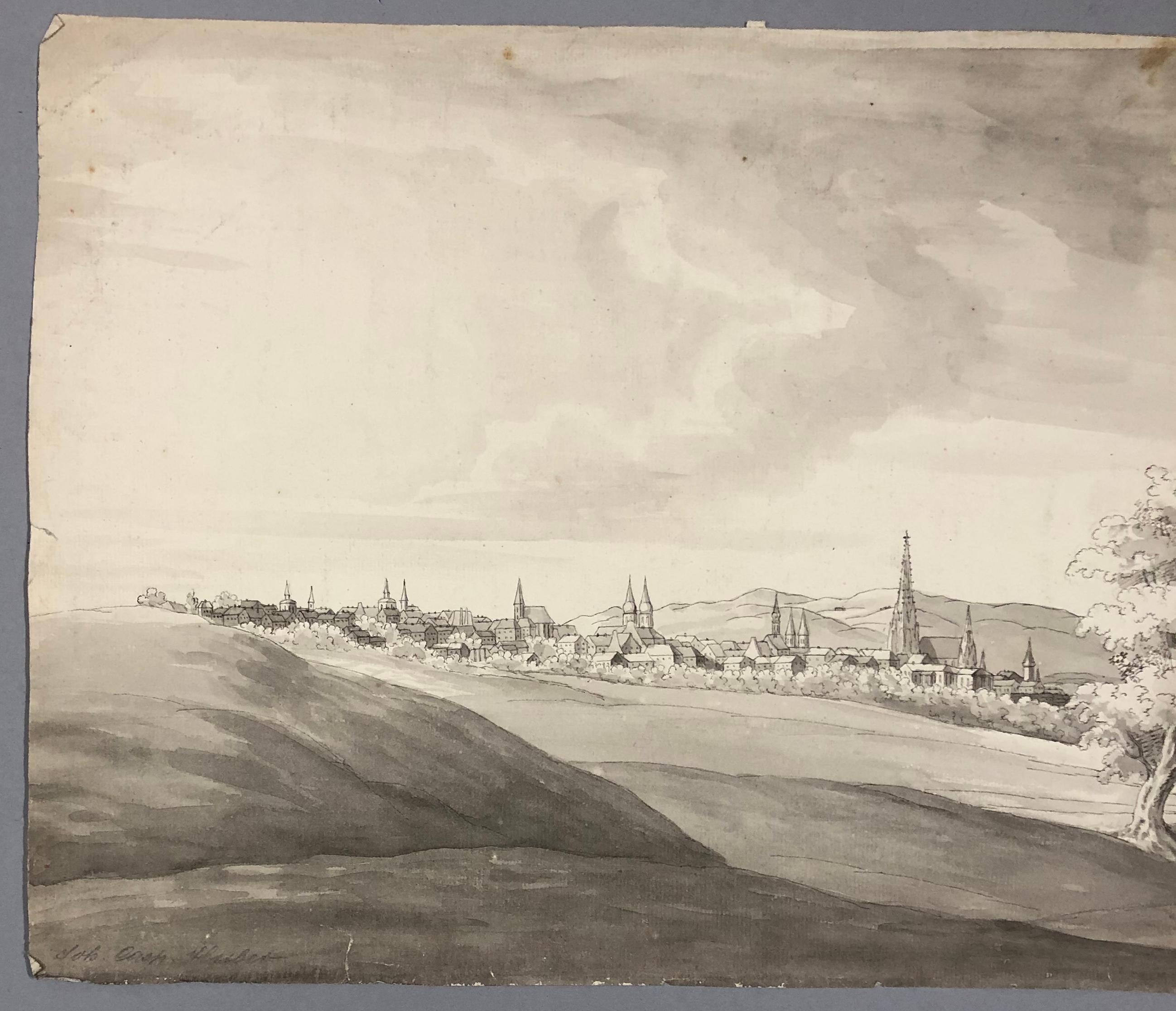 HUBER Johann Kaspar. Ansicht einer Stadt, von der man annimmt, Antwerpen zu sein. Geschwärzte Tinte.  (Beige), Landscape Art, von HUBER JOHANN KASPAR