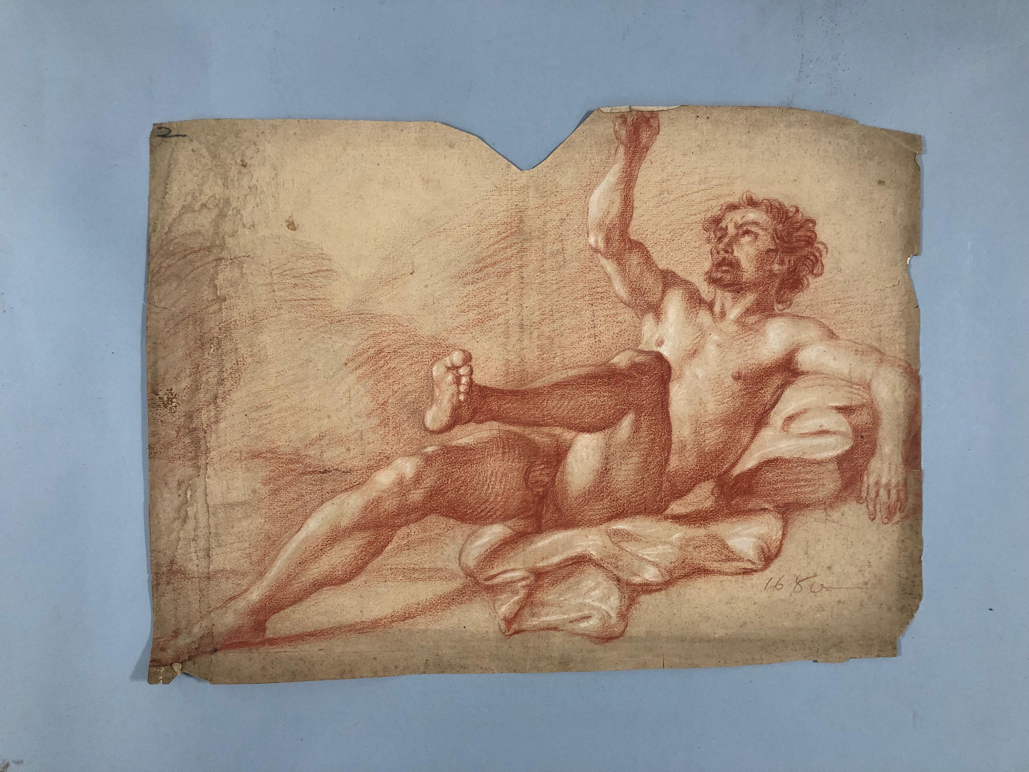 FRENCH SCHOOL 17th Century. Study of a naked man. Sanguine. Dated 1680 - Art by Unknown