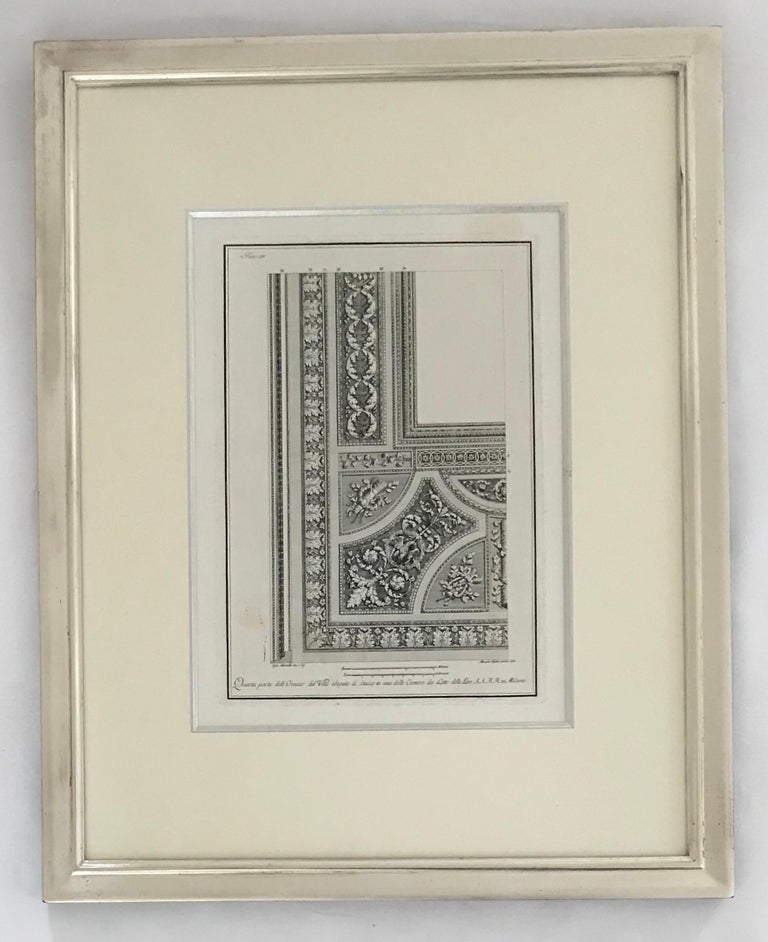 Ceiling designs. A set of three architectural engravings.
These engravings are framed in white gold covered french frames.
From the publication published in Milan in 1782.
