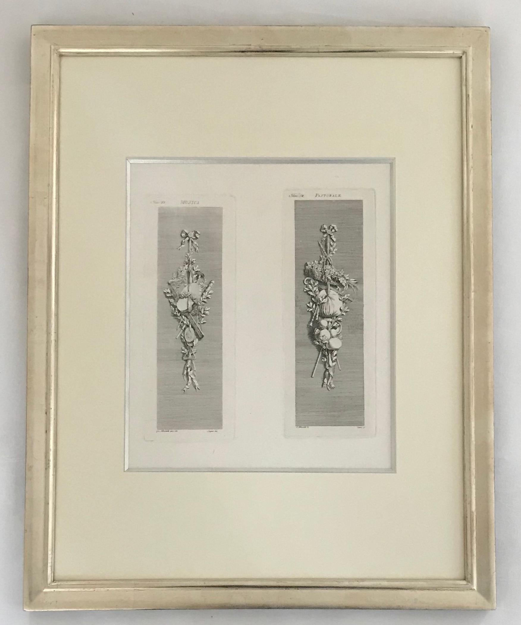 Allegorie der vier Jahreszeiten. Ein Paar Kupferstiche.
Diese Gravuren sind in mit Weißgold überzogene französische Rahmen eingefasst.
Aus der 1782 in Mailand erschienenen Publikation.
