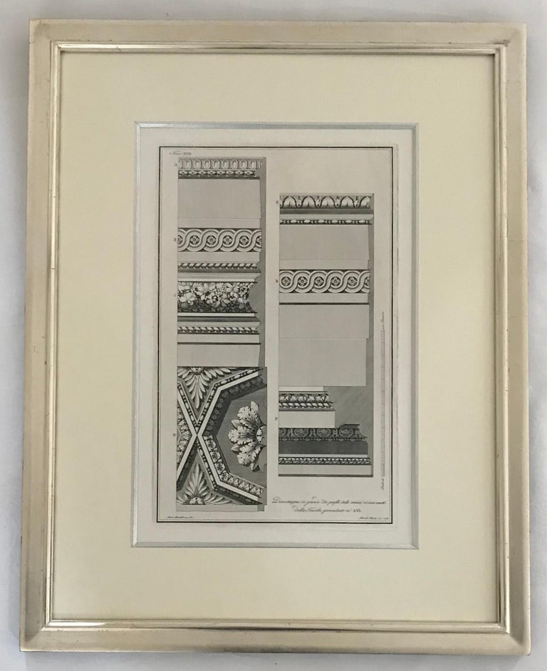 Architectural designs. A set of nine architectural engravings.
These engravings are framed in white gold covered french frames.
From the publication published in Milan in 1782.
