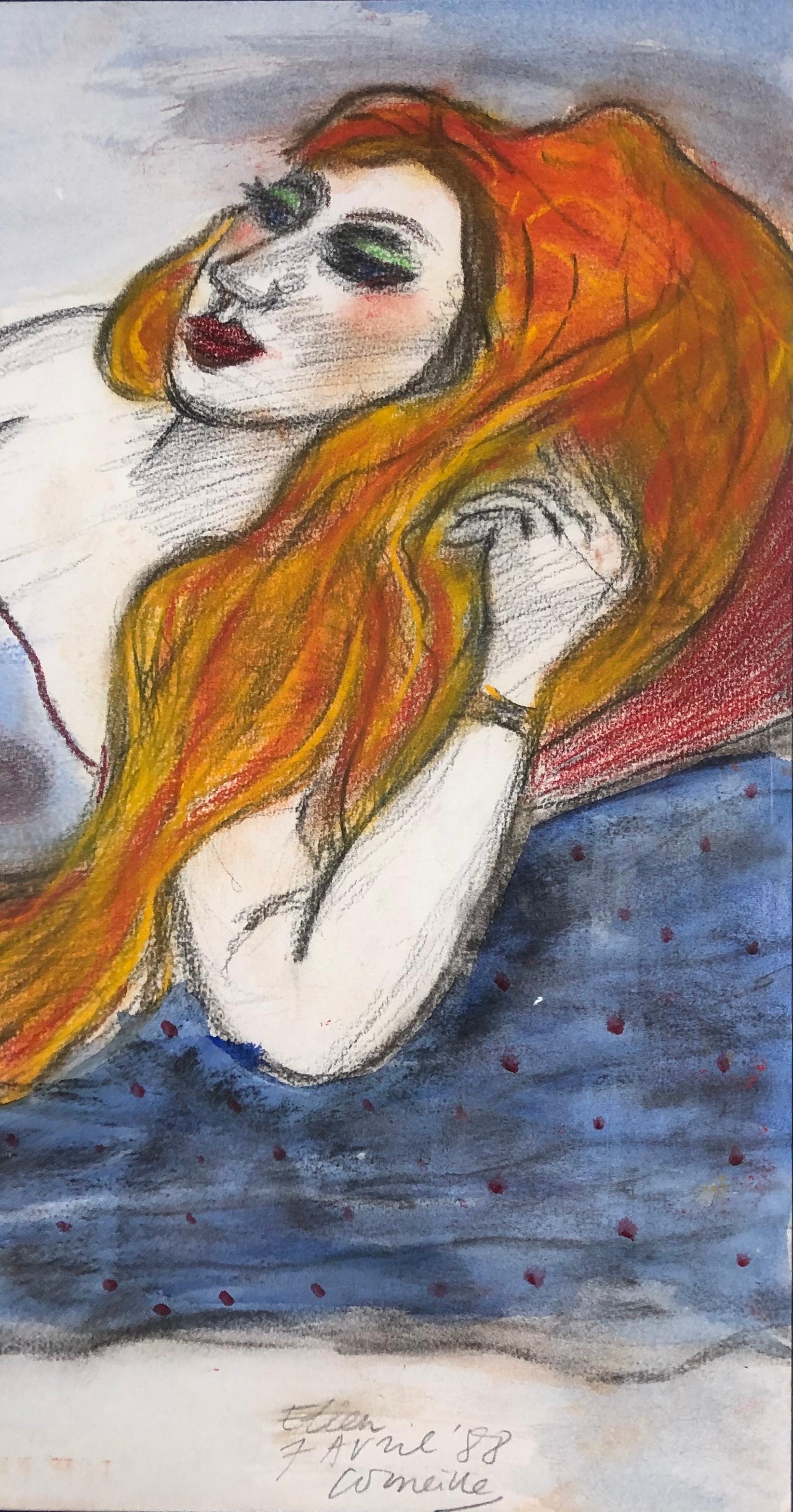 Red headed woman. Coloured pencil. Signed and dated '7th of April (19)88'. - Art by Guillaume Cornelis van Beverloo (Corneille)