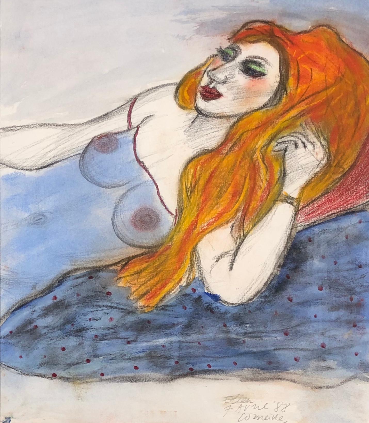 Red headed woman. Coloured pencil. Signed and dated '7th of April (19)88'. - Beige Portrait by Guillaume Cornelis van Beverloo (Corneille)