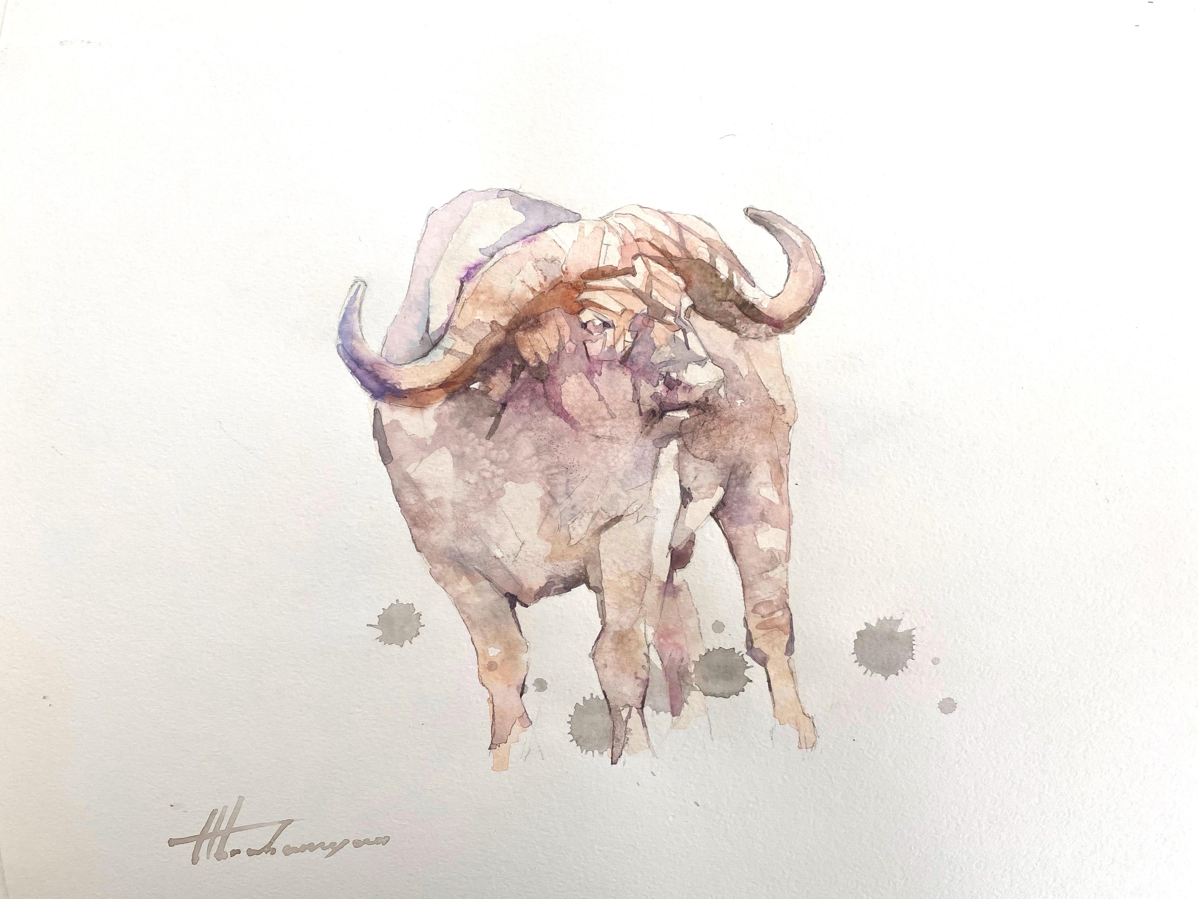 Artyom Abrahamyan Animal Art - Buffalo, Animal, Watercolor Art Handmade Painting