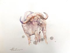 Buffalo, Tier, Aquarell, handgefertigtes Gemälde