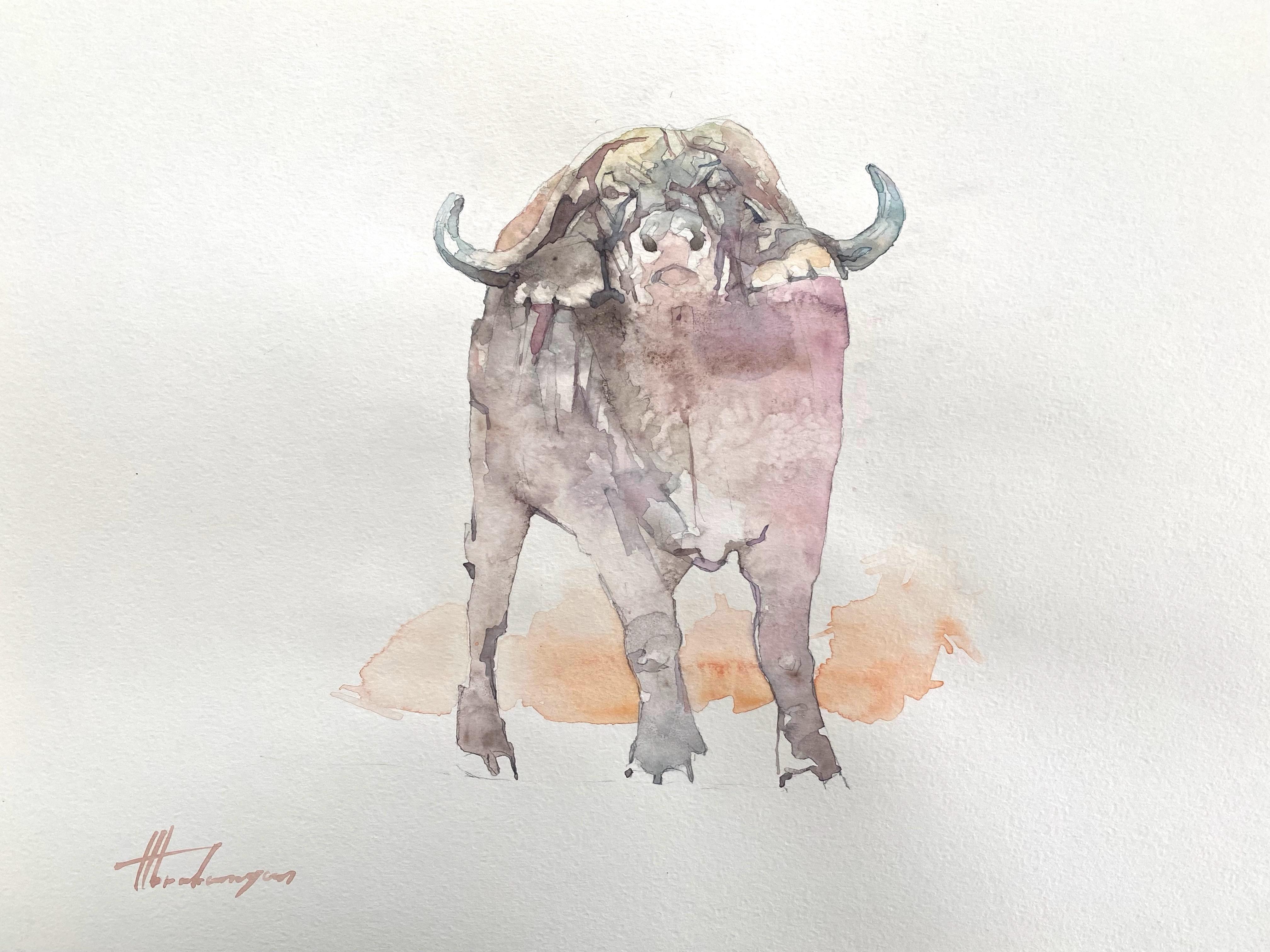 Artyom Abrahamyan Animal Art - Buffalo, Animal, Watercolor Handmade Painting