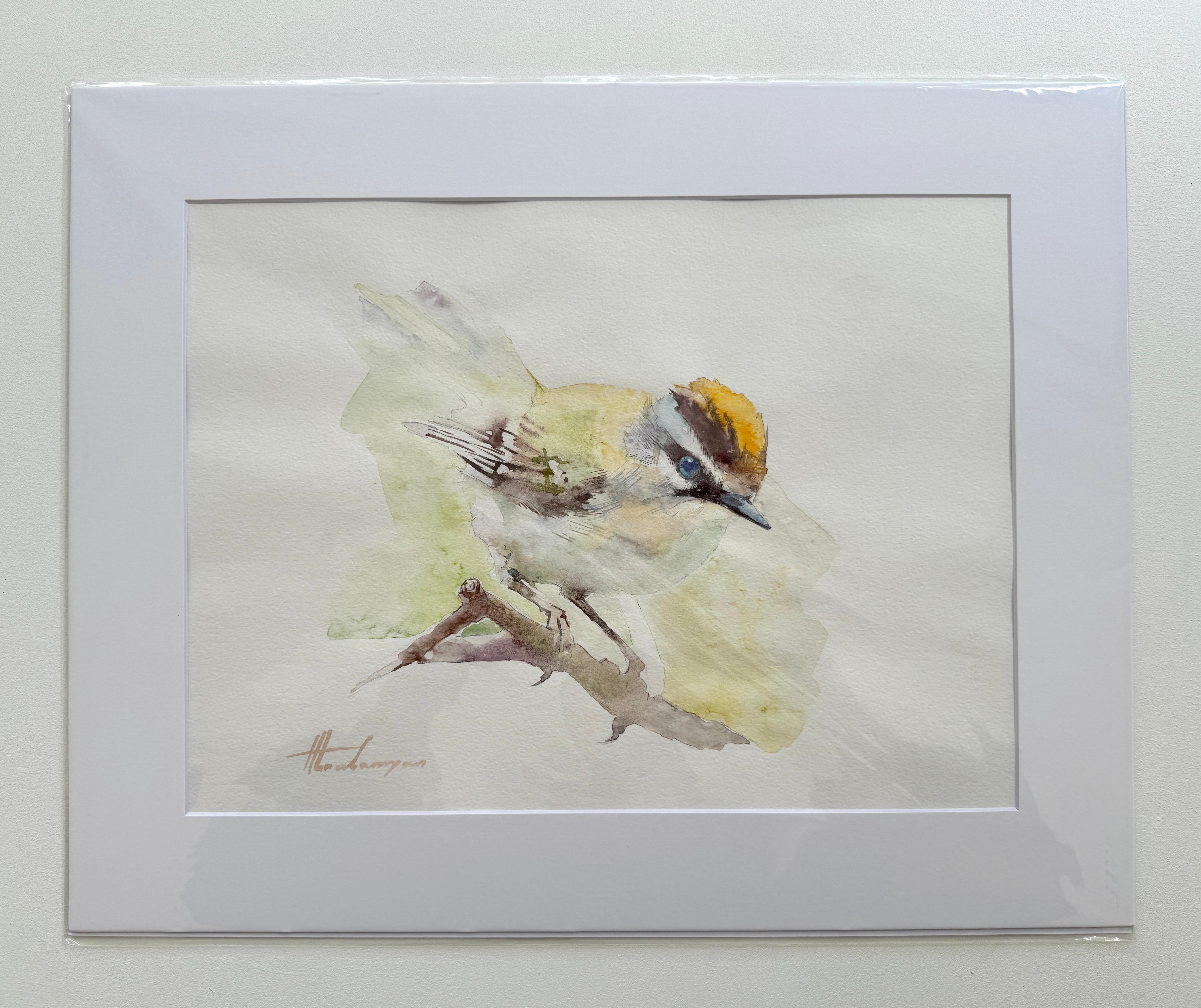 Golden-Crowned Kinglet, Bird, Watercolor Art Handmade Painting - Gray Animal Art by Artyom Abrahamyan