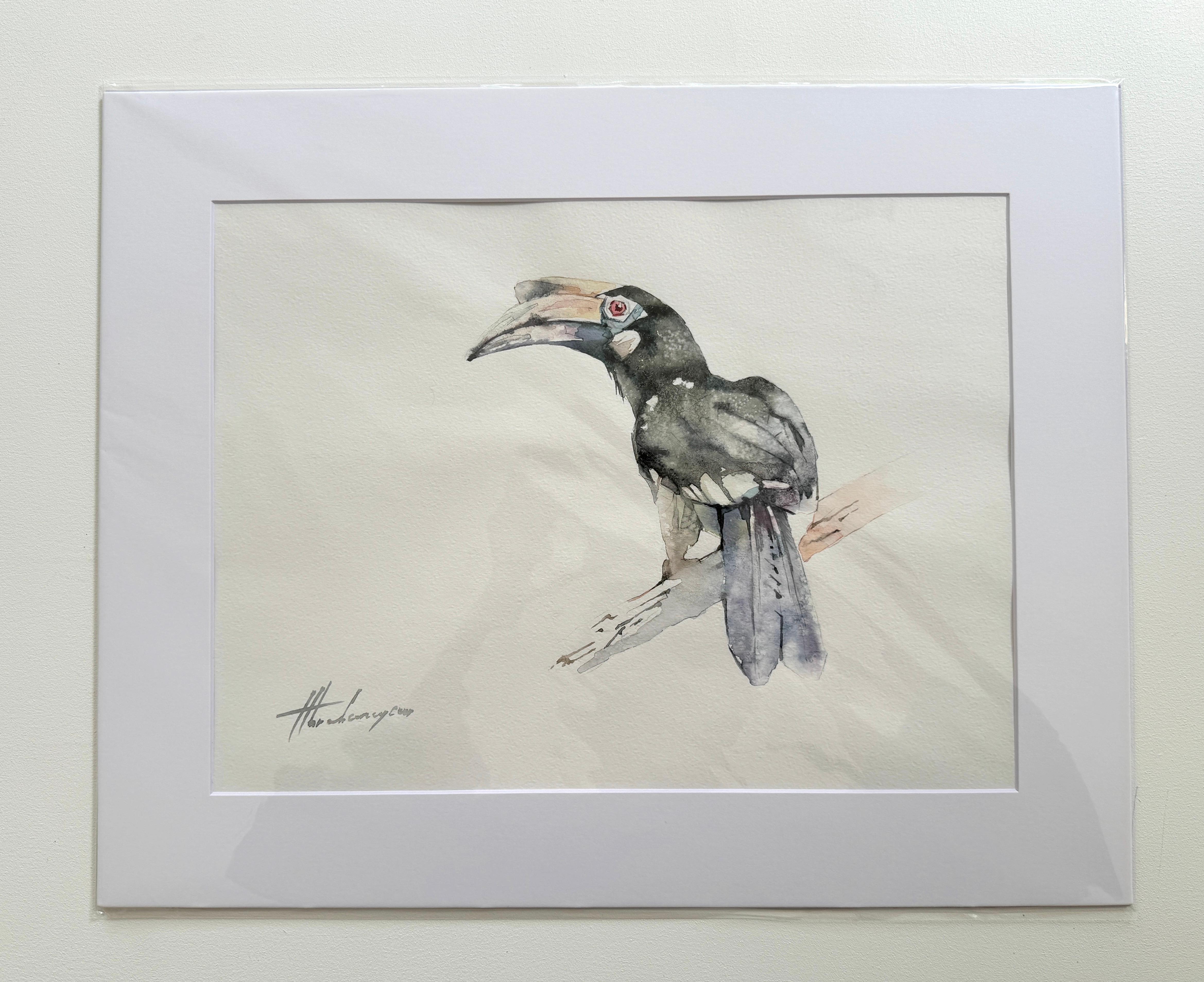 Hornbill, aquarelle d'art faite à la main, unique en son genre - Art de Artyom Abrahamyan