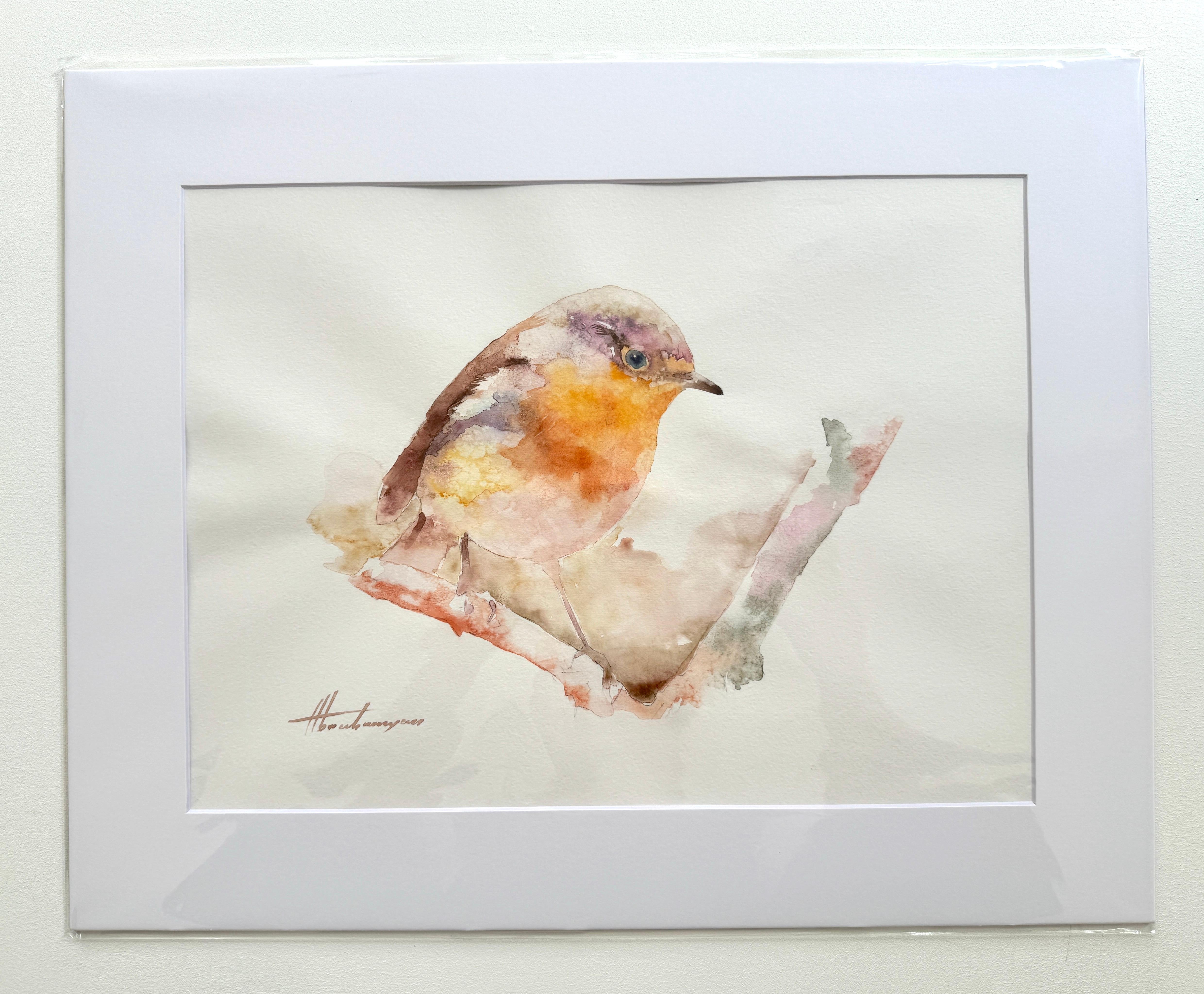 Robin, oiseau, peinture d'art à l'aquarelle, unique en son genre - Art de Artyom Abrahamyan
