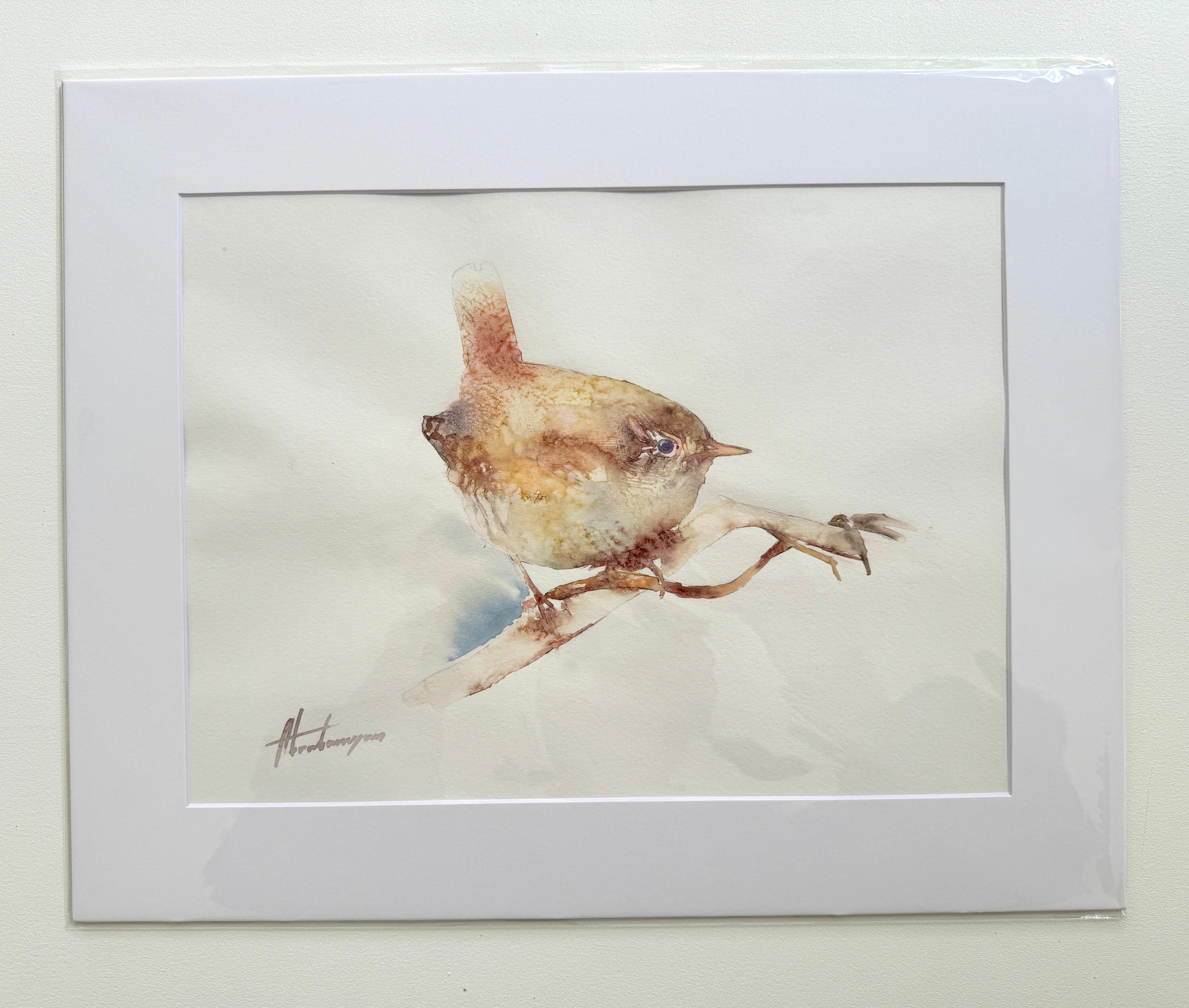 Wren, Bird, Watercolor Artwork Handmade Painting One of a Kind - Beige Animal Art par Artyom Abrahamyan