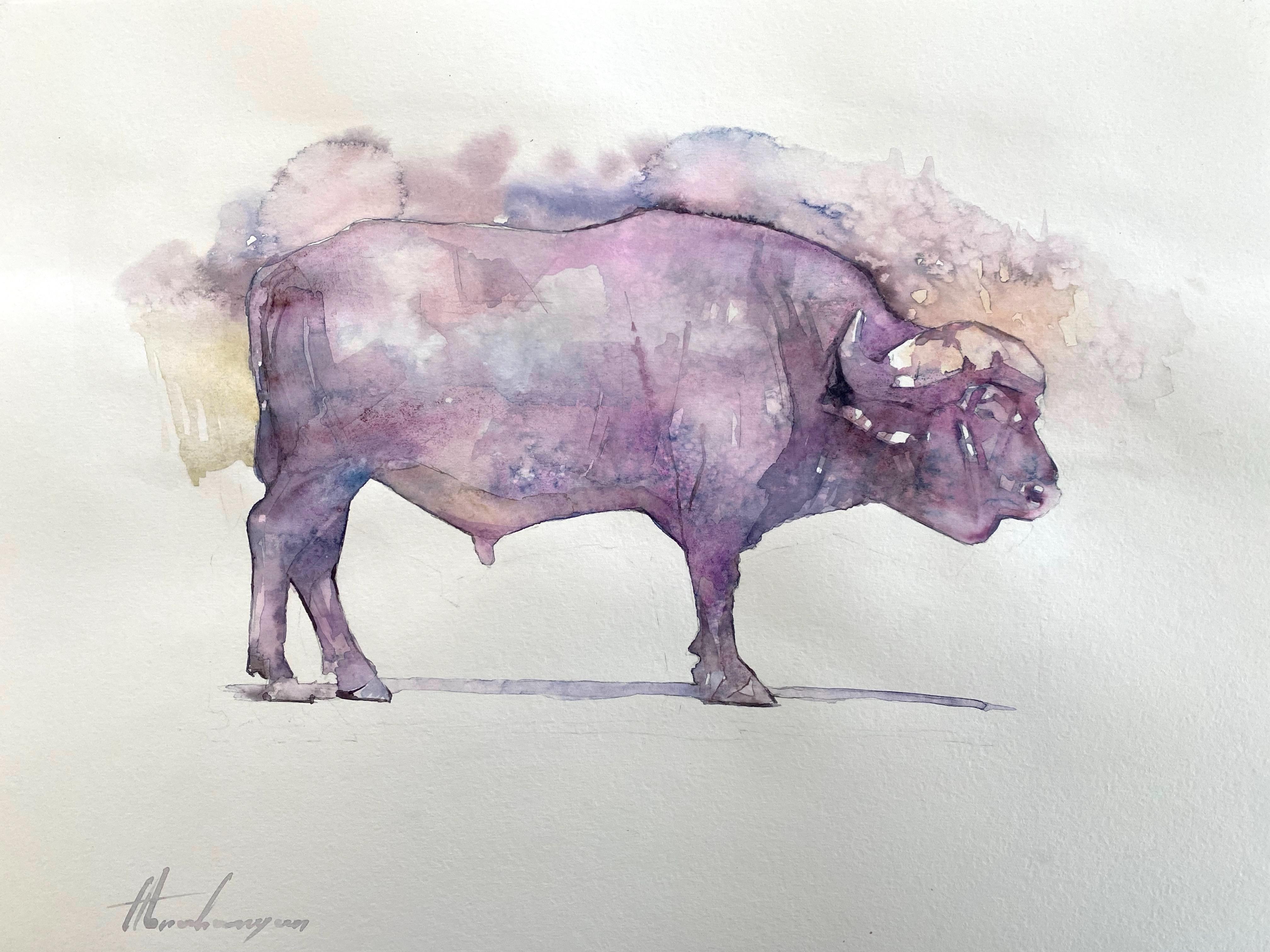 Artyom Abrahamyan Animal Art - Buffalo, Animal, Watercolor Artwork Handmade Painting