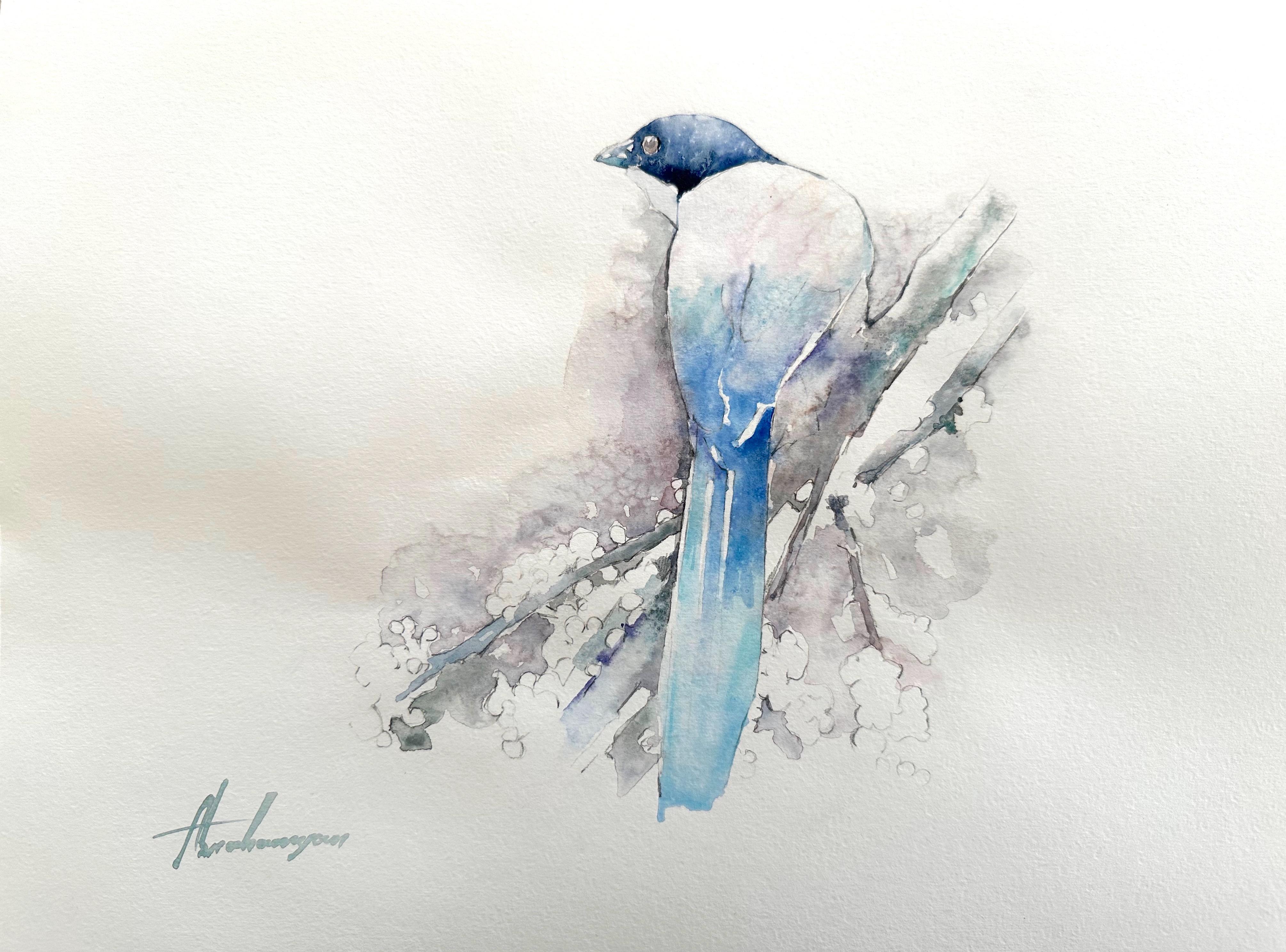 Artyom Abrahamyan Animal Art – Blauer Jay, Vogel, Aquarell, handgefertigtes Gemälde, Unikat