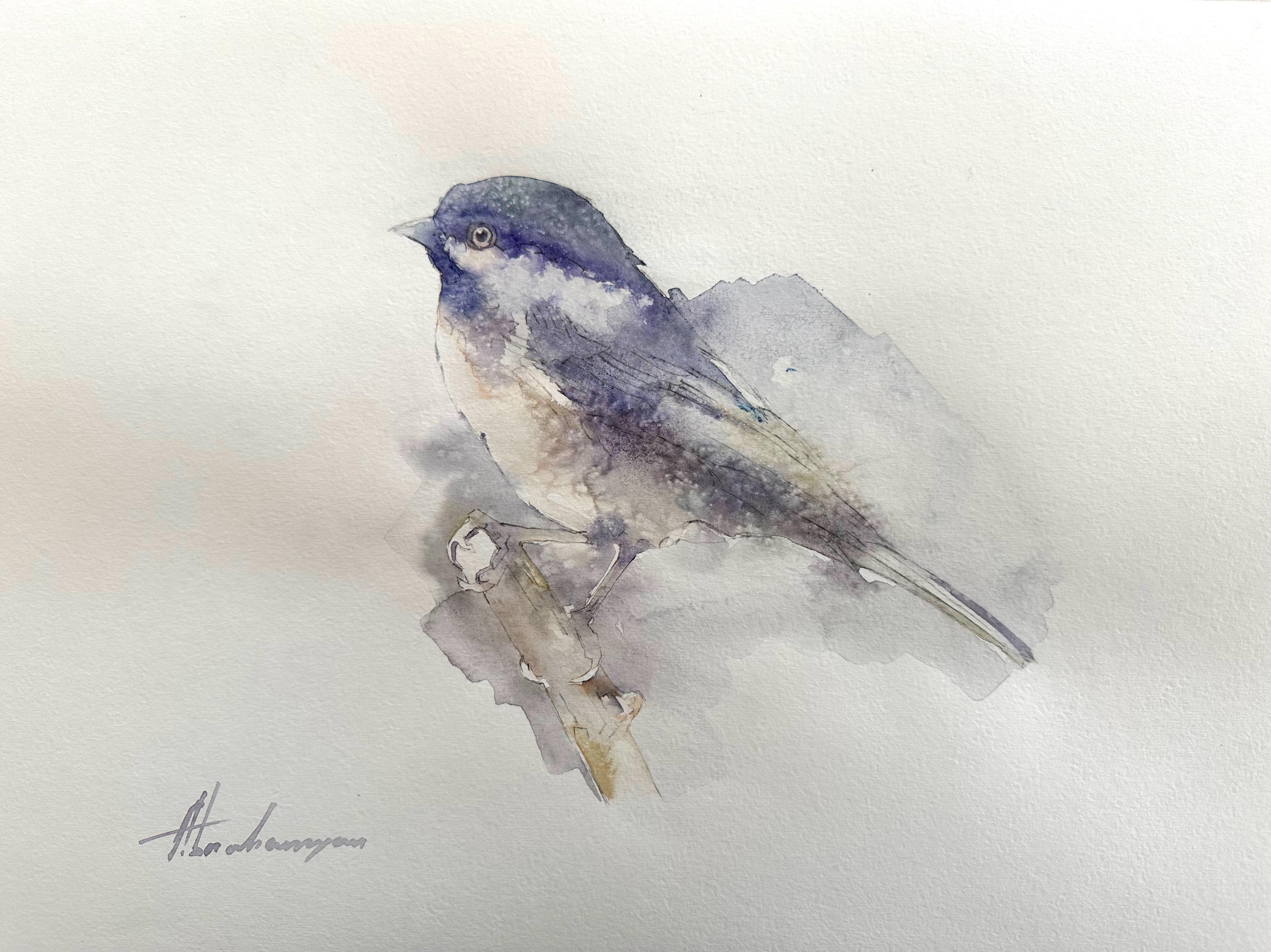 Artyom Abrahamyan Animal Art - Chickadee, Bird, Watercolor Handmade Painting, One of a Kind