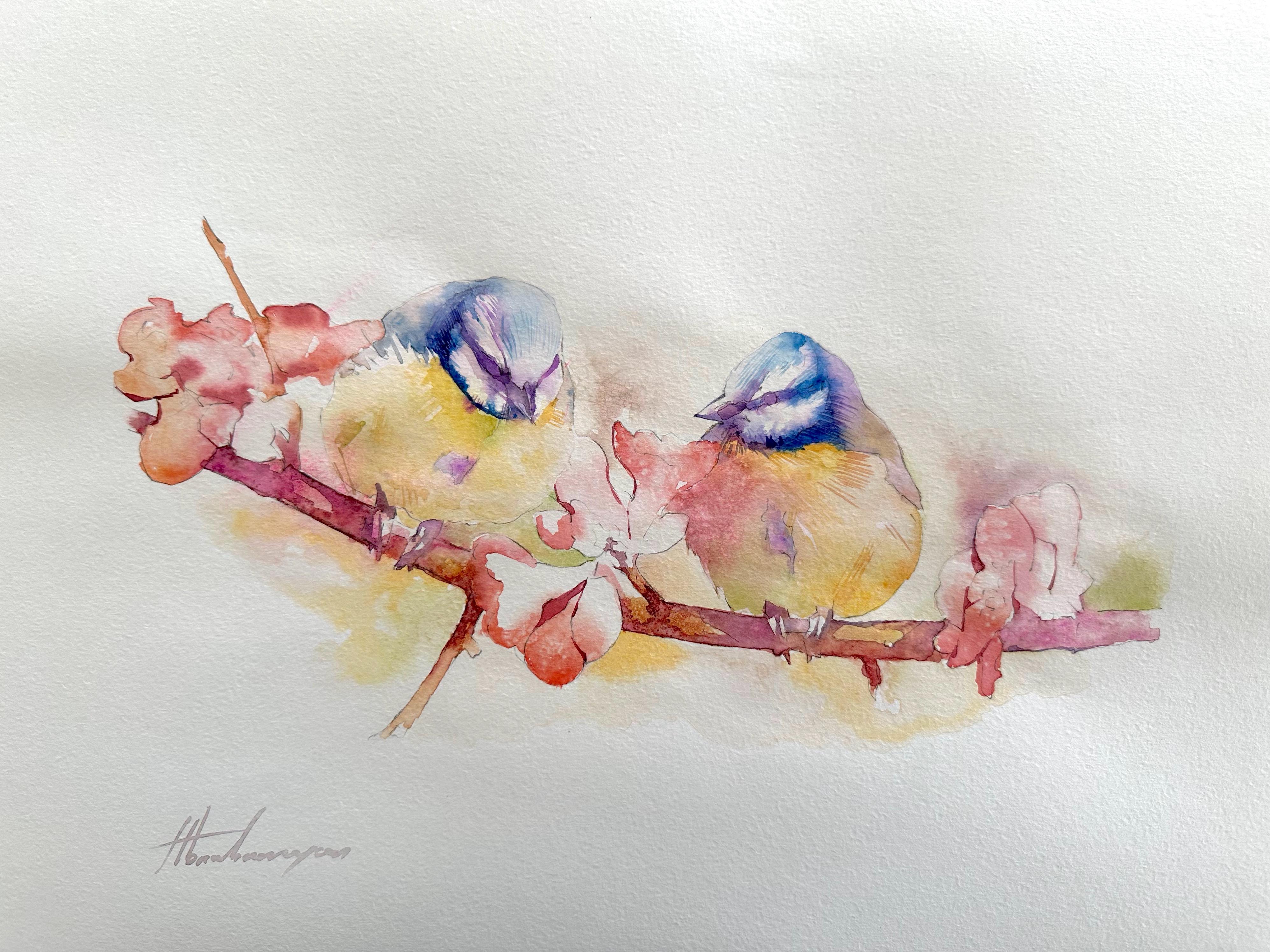 Artyom Abrahamyan Animal Art - Great Tits, Bird, Watercolor Handmade Painting, One of a Kind