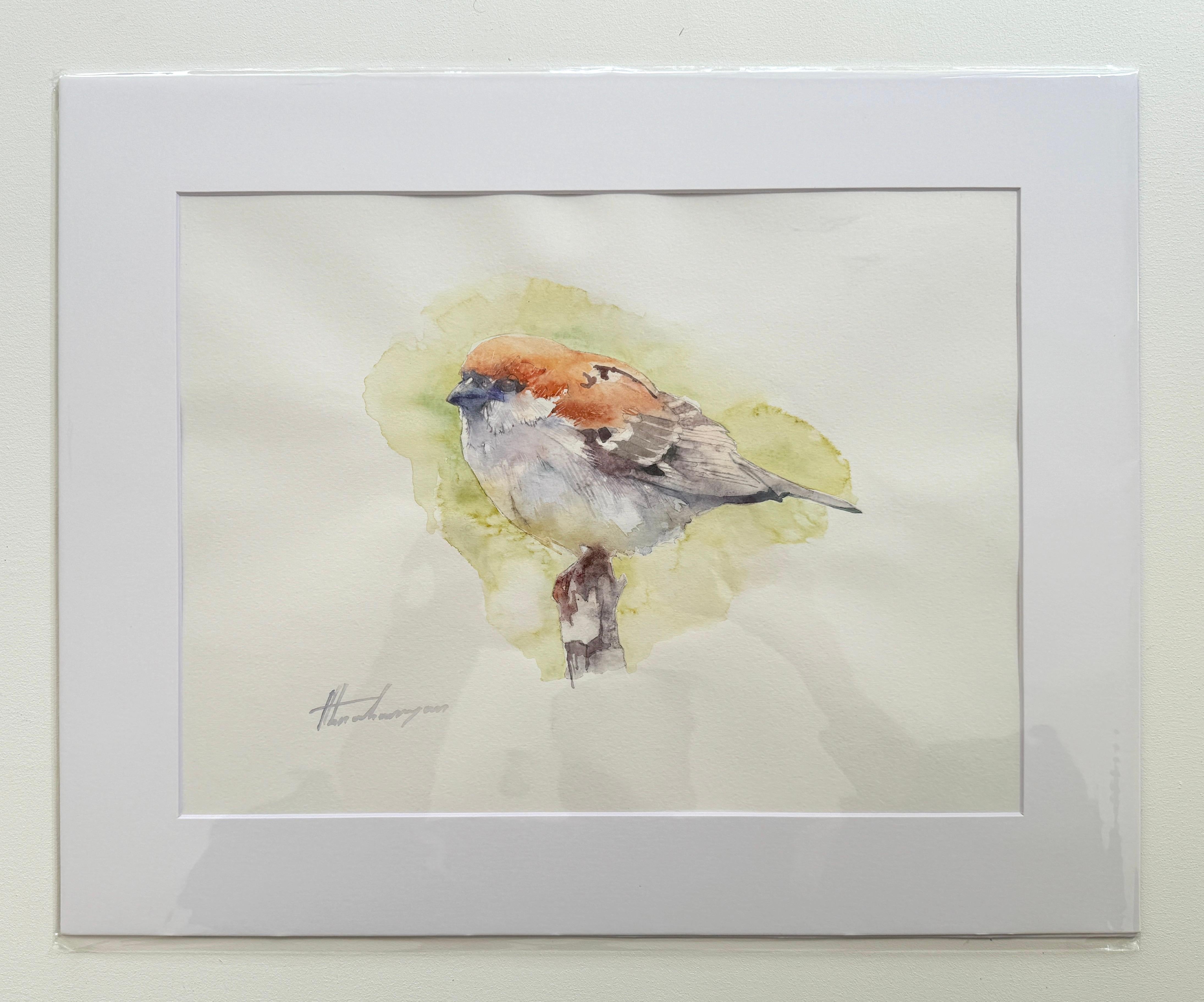 Spargel, Vogel, Aquarell, handgefertigtes Gemälde, Unikat – Art von Artyom Abrahamyan
