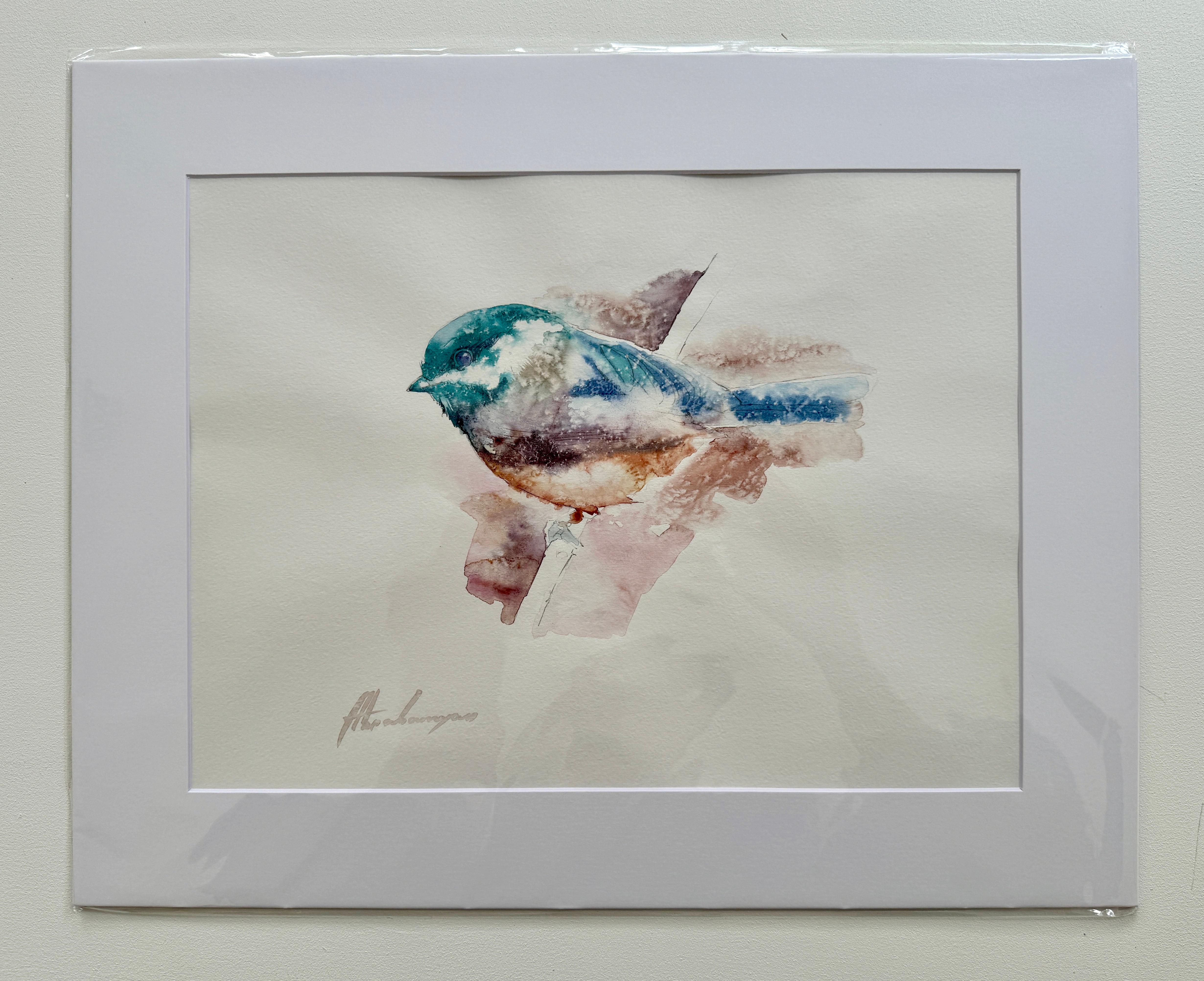 Chickadee, oiseau, aquarelle, peinture faite à la main, unique en son genre - Art de Artyom Abrahamyan