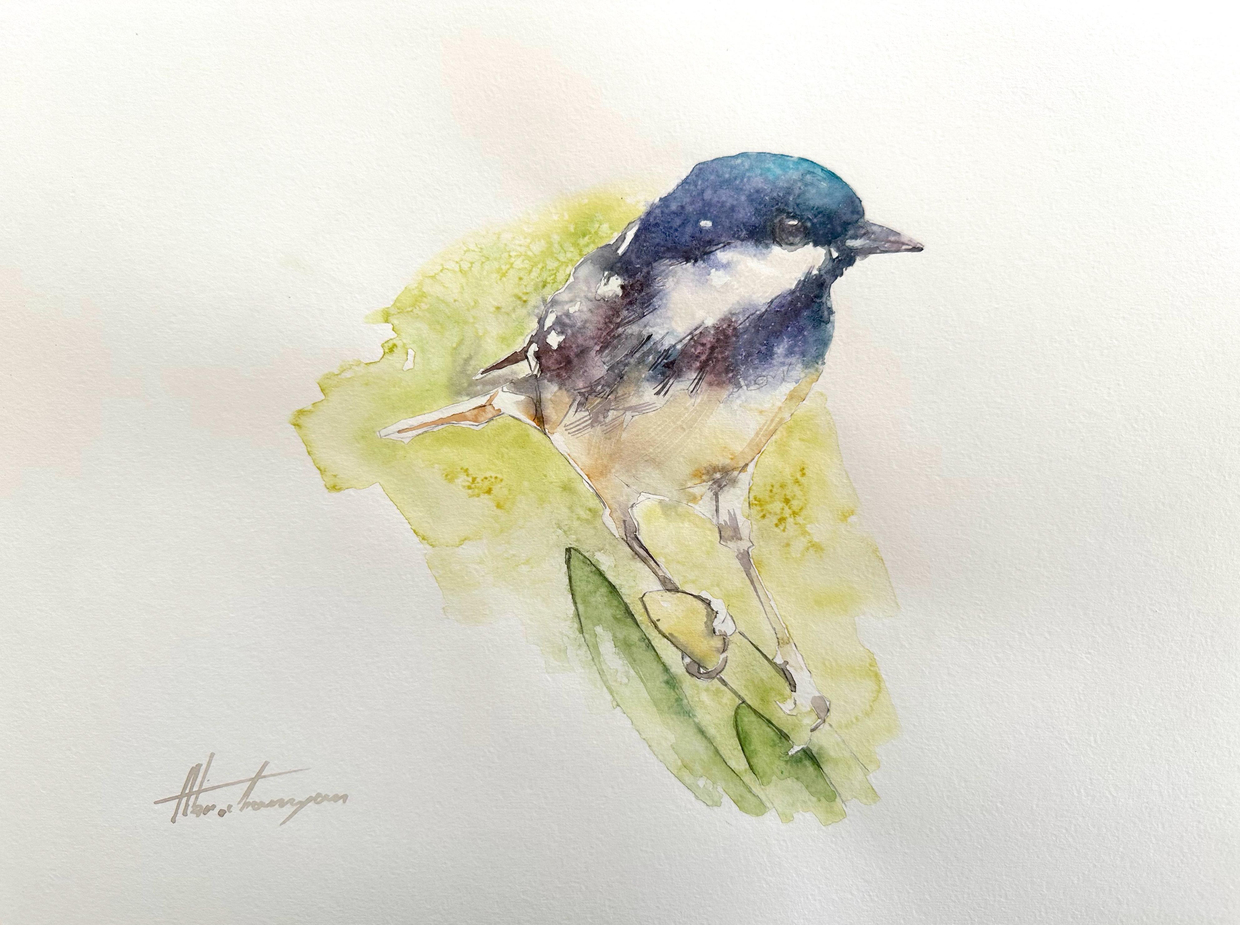 Artyom Abrahamyan Animal Art - Chickadee, Bird, Watercolor Handmade Painting, One of a Kind