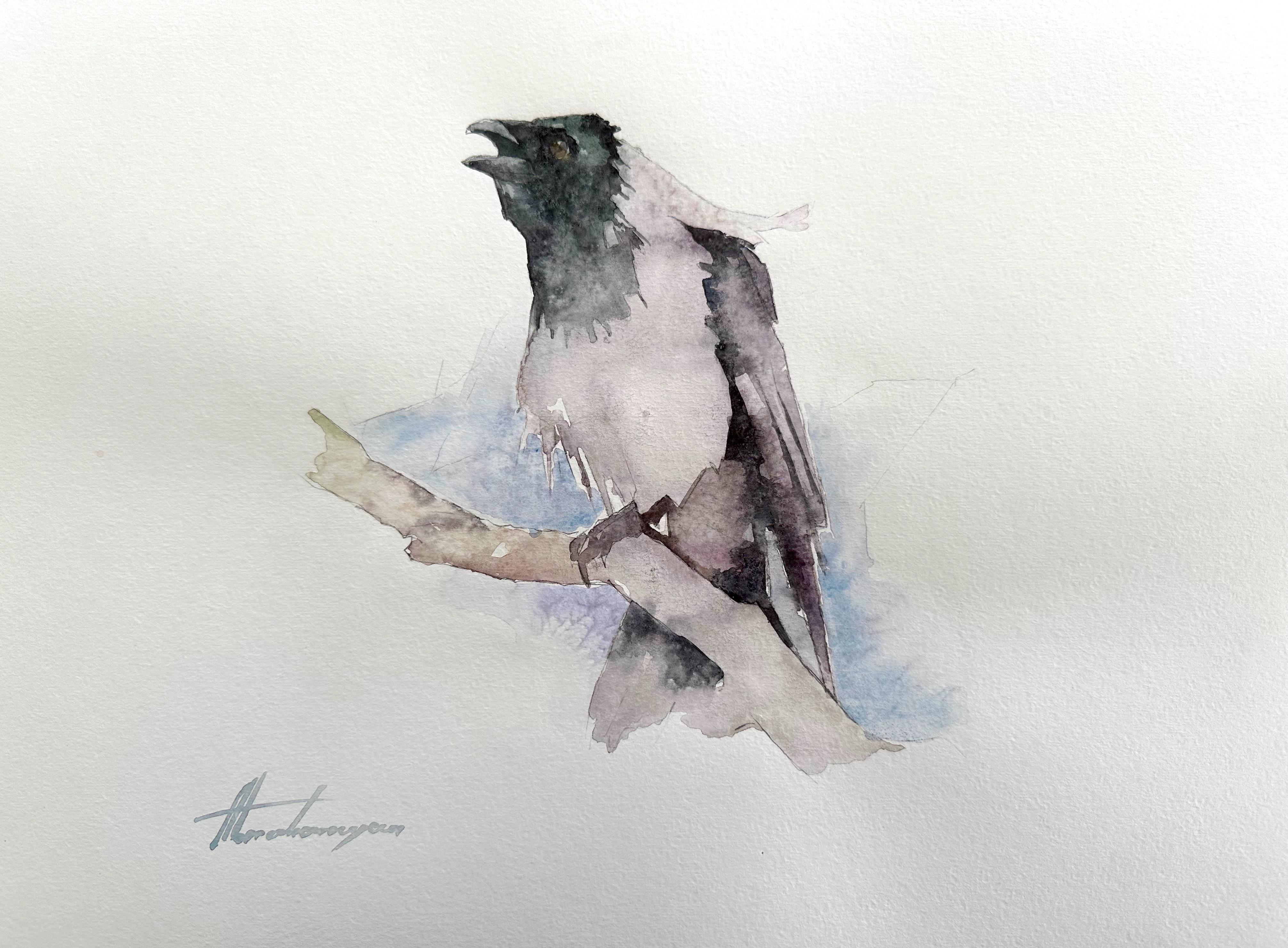 Craw, Bird, Watercolor Handmade Painting, One of a Kind