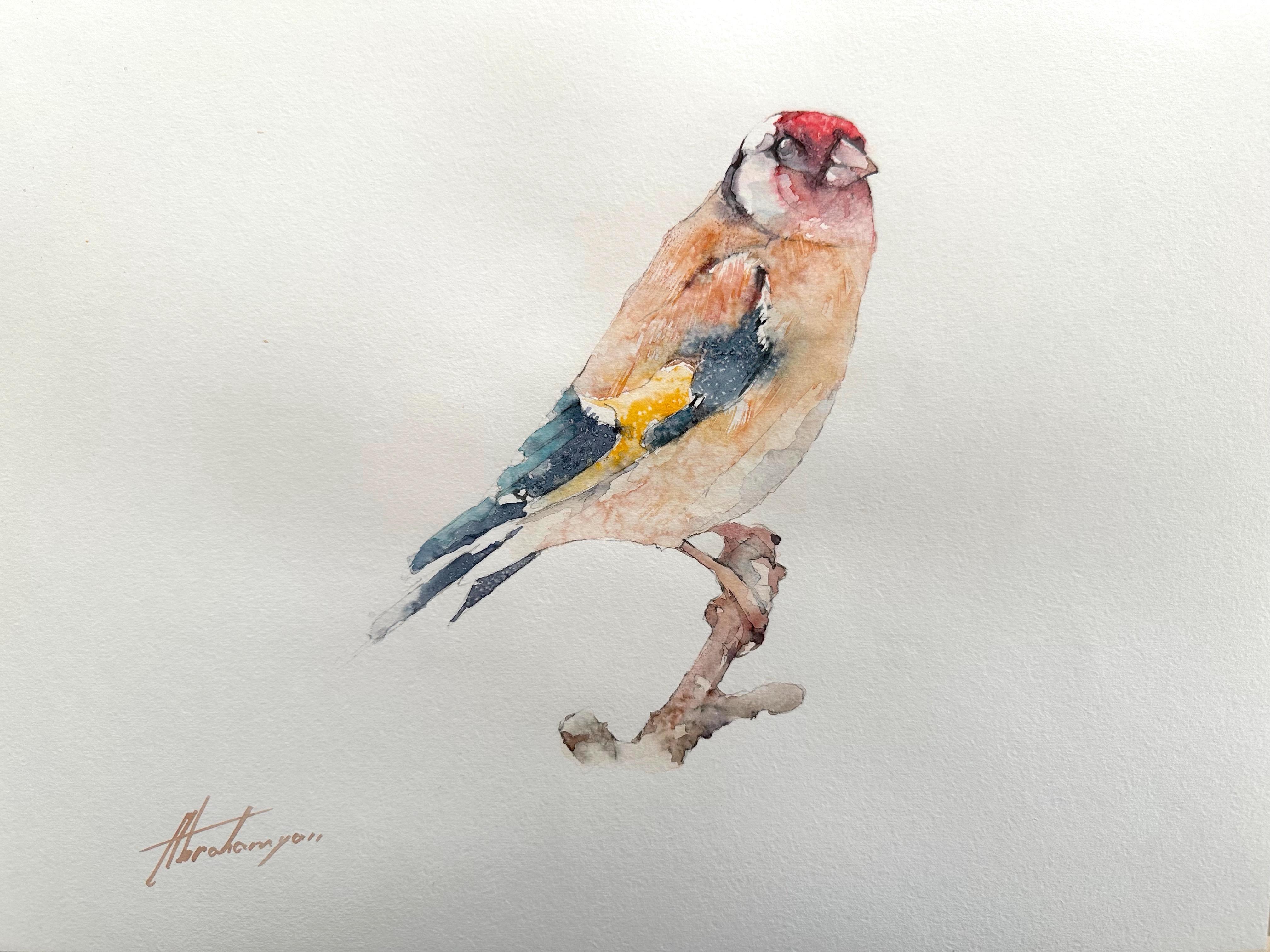 Artyom Abrahamyan Animal Art - Gold Finch, Watercolor Handmade Painting, One of a Kind