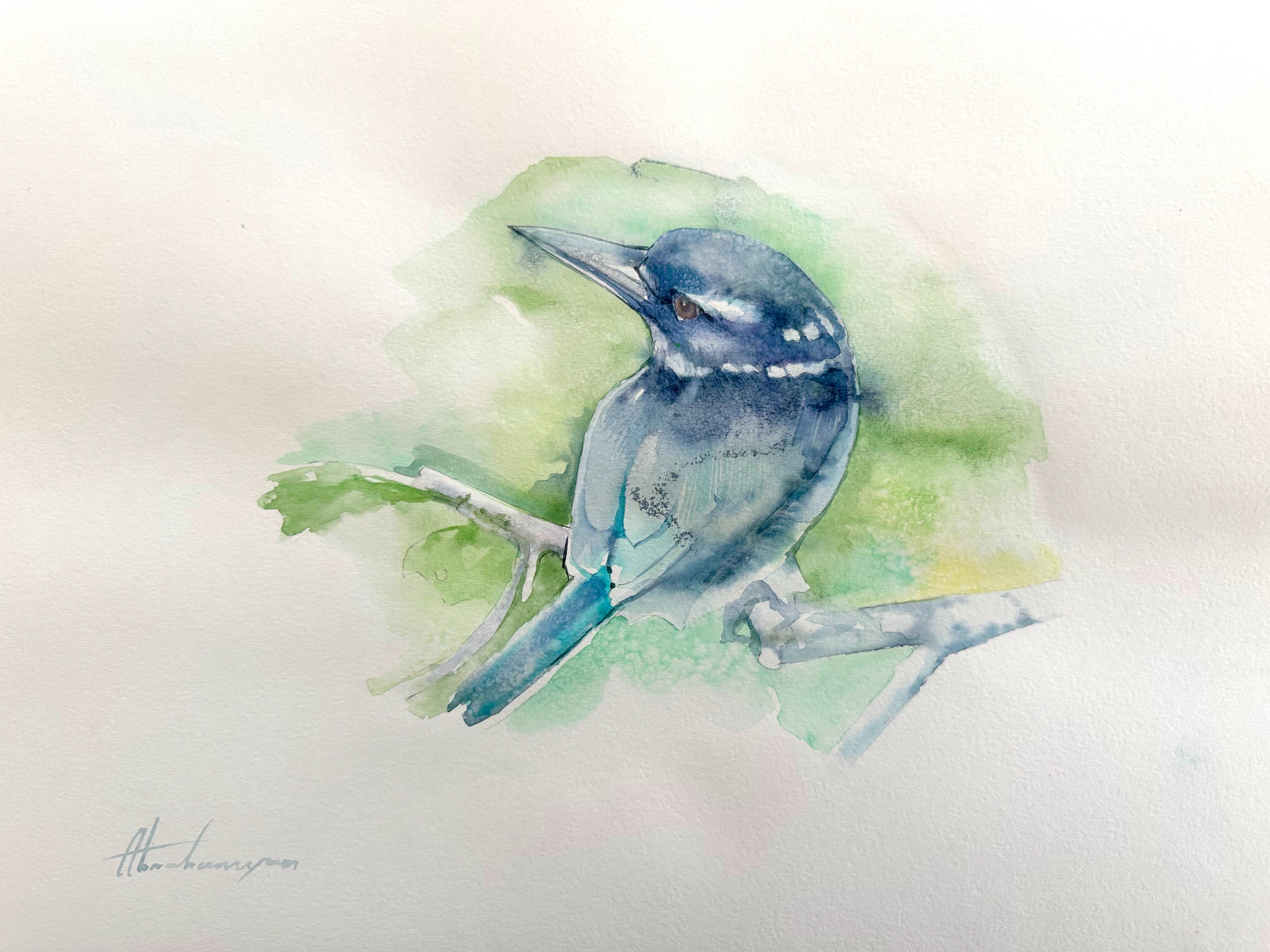 Artyom Abrahamyan Animal Art - Kingfisher, Bird, Watercolor Handmade Painting, One of a Kind
